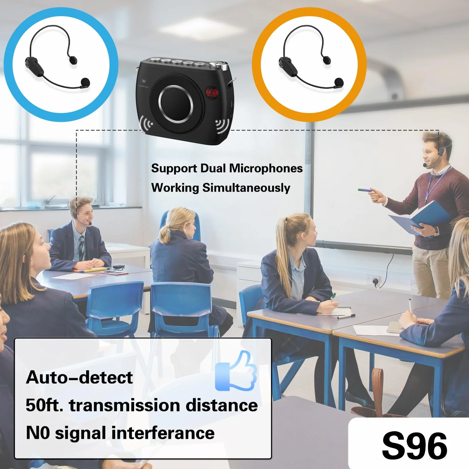 Amplificador de Voz Inalámbrico de 25W con Dos Micrófonos de Diadema Bluetooth, Alta Capacidad de 8000mAh, Sistema PA Portátil Altavoz y Micrófono Bluetooth, Megáfono con Micrófono para Profesores S96