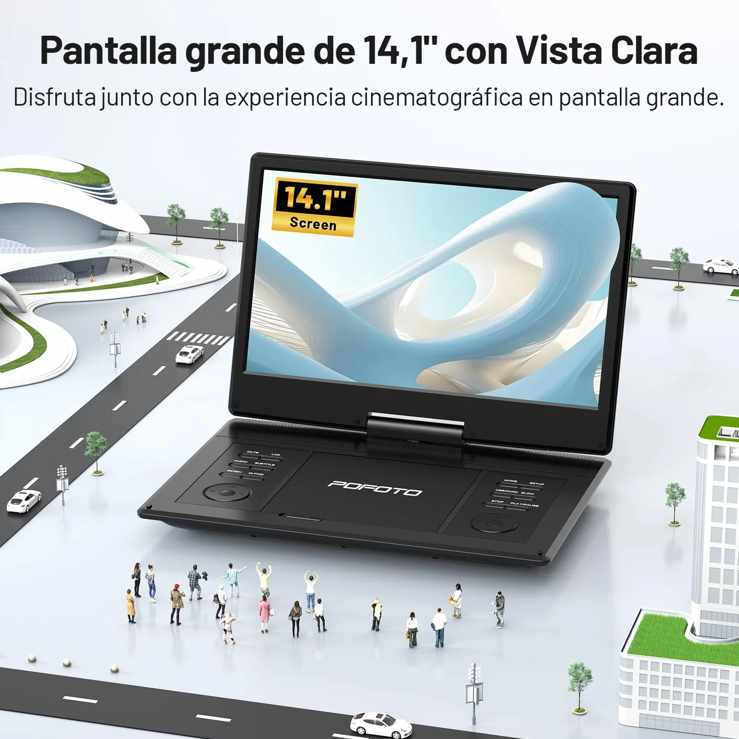 POFOTO Reproductor DVD Portátil 15,7'' Pantalla HD Giratoria 14,1" 6H Autonomía Multiformato SD USB