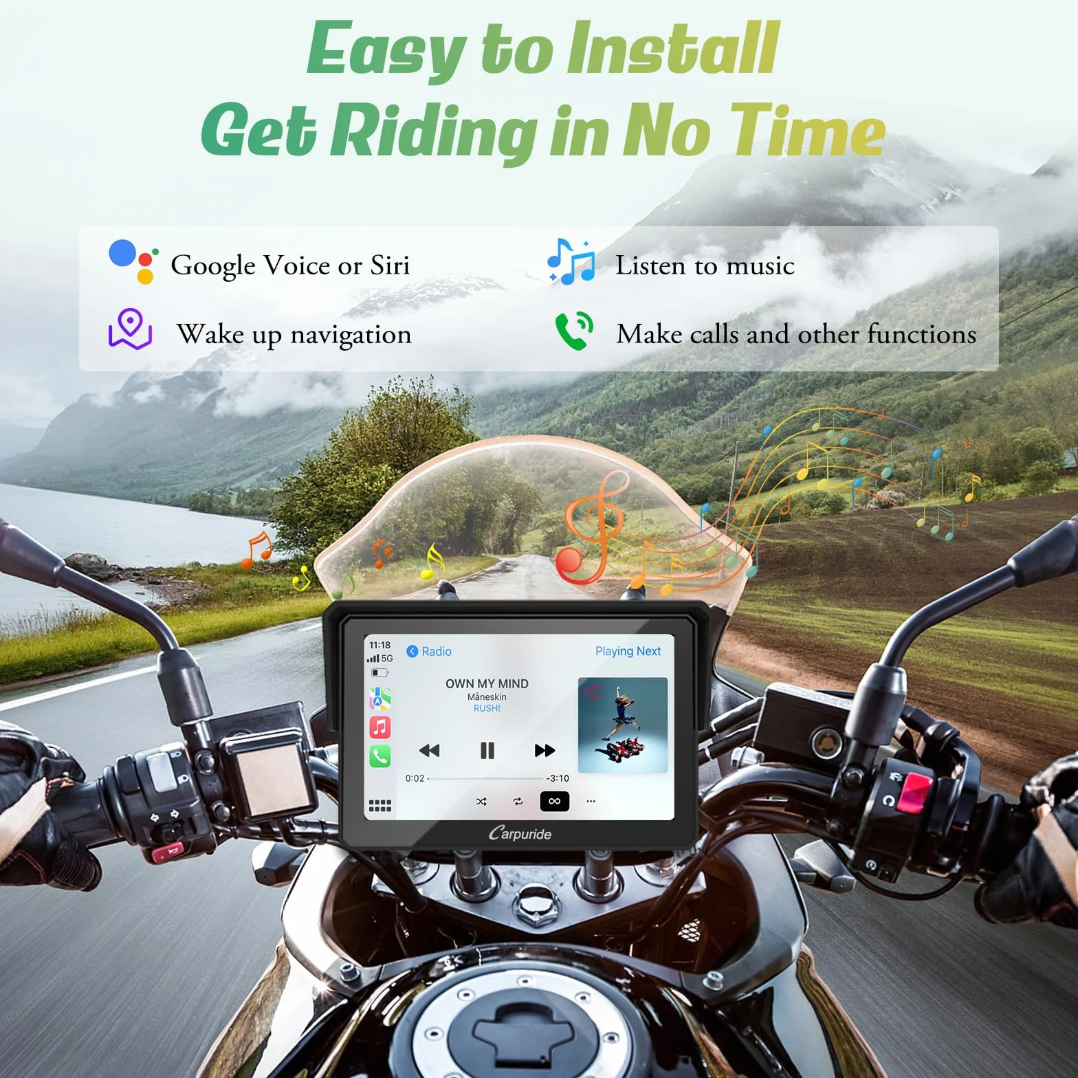 Carpuride W502 Estéreo Portátil Inalámbrico para Motocicleta IP67 Pantalla Táctil 5 Pulgadas GPS