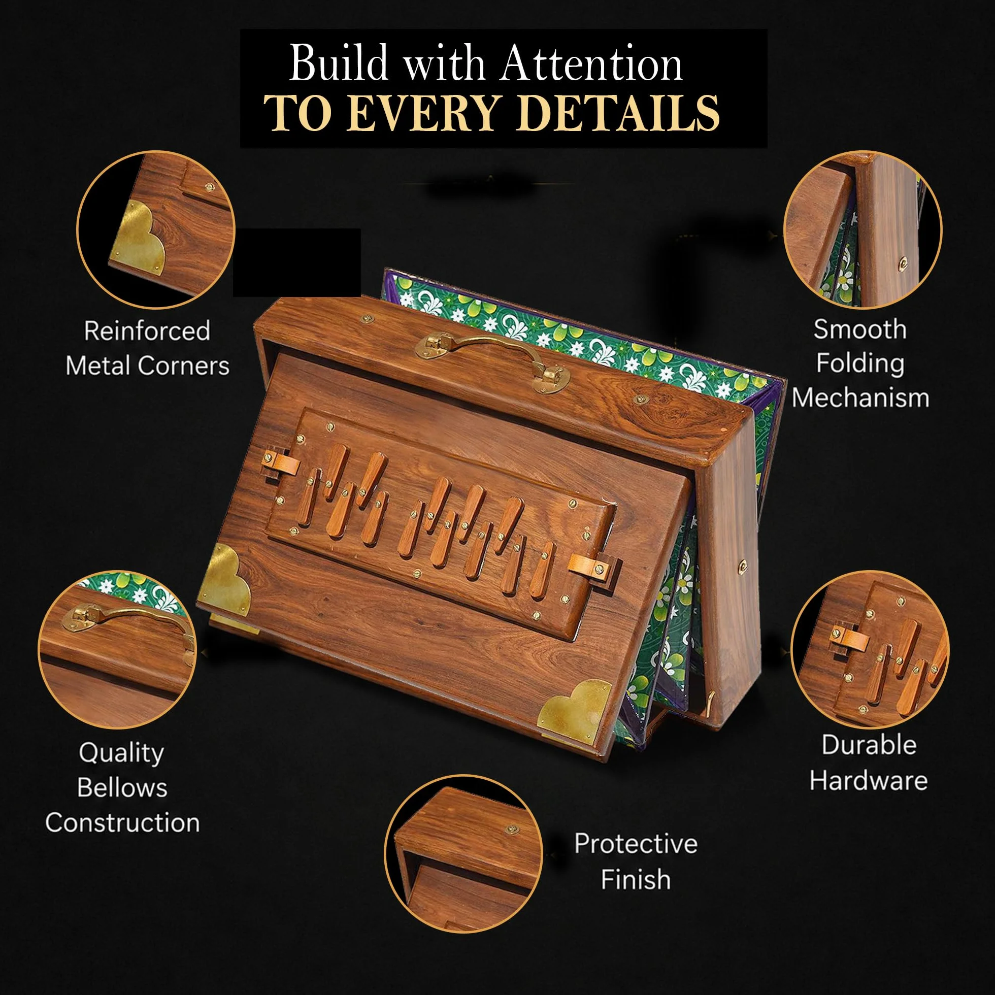 Shruti Box with 13 note Tuned 432 Hertz Padded Carry Bag Made by Teak wood