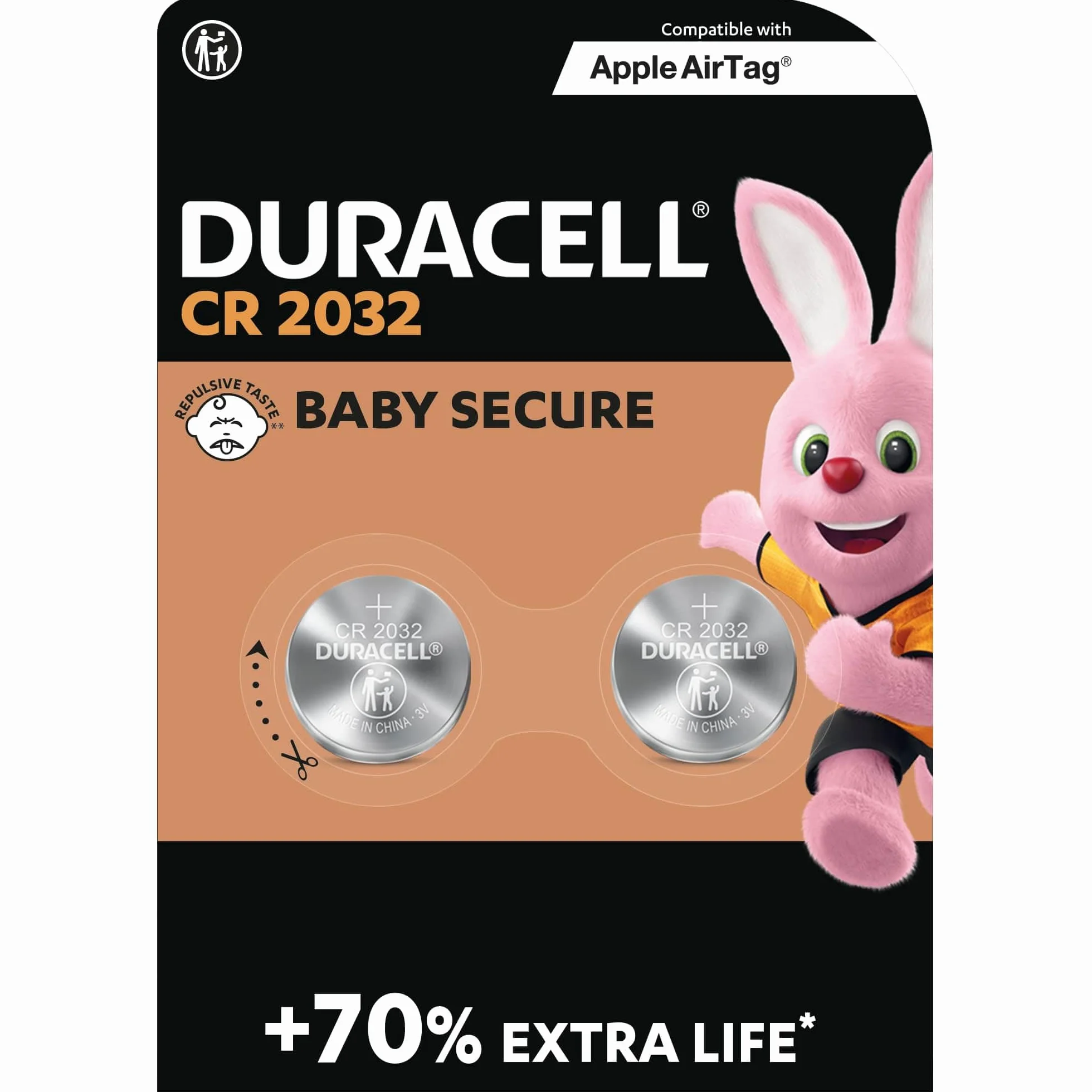 DURACELL CR2032 Pilas de botón de litio 3 V (pack de 2) - Hasta un 70 % extra duración - Tecnología Baby Secure - Recomendadas para Apple AirTag