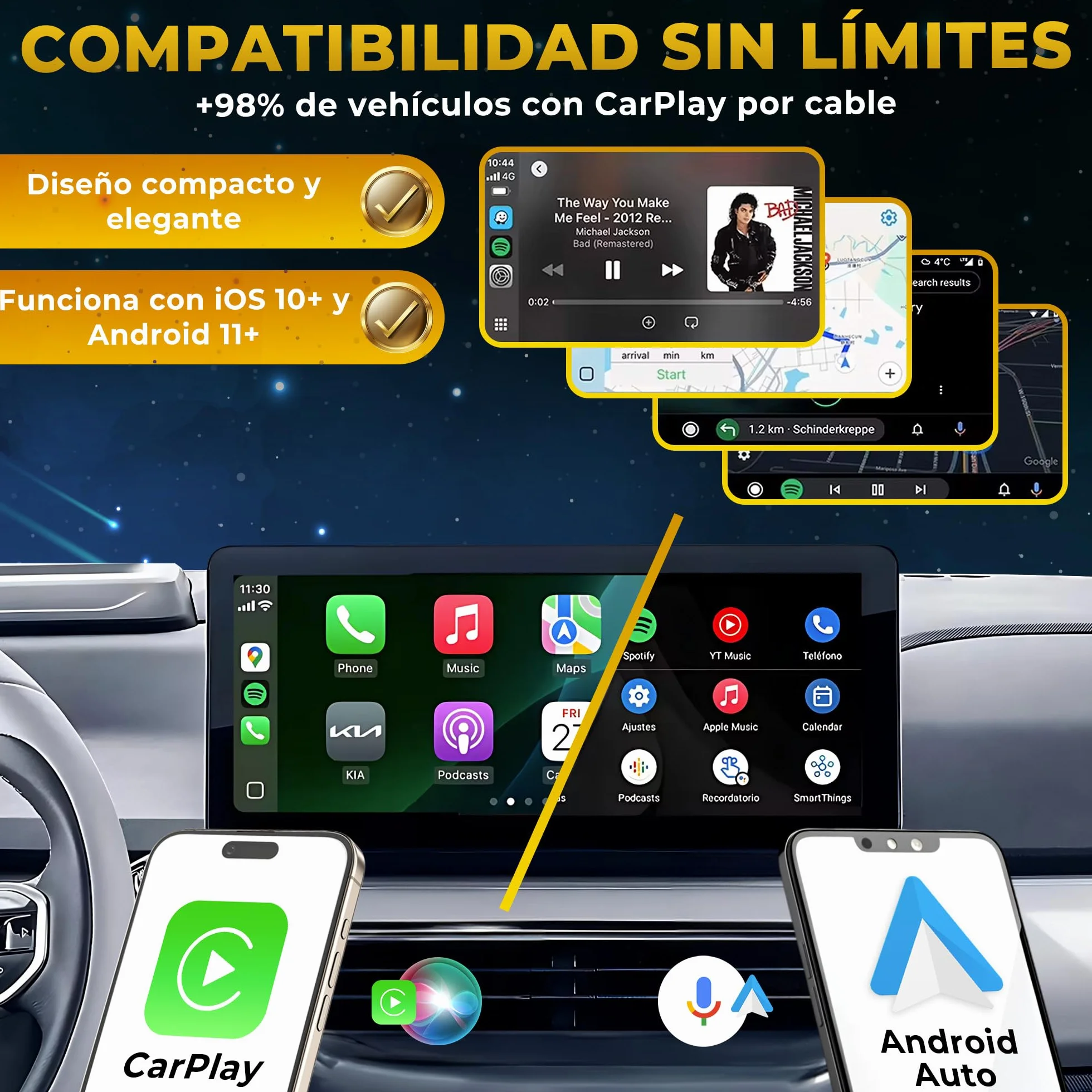 Adaptador USB CarPlay Inalámbrico 2 en 1, Receptor Auto iPhone, Android Auto, Compatible iOS 10+ Android 11+