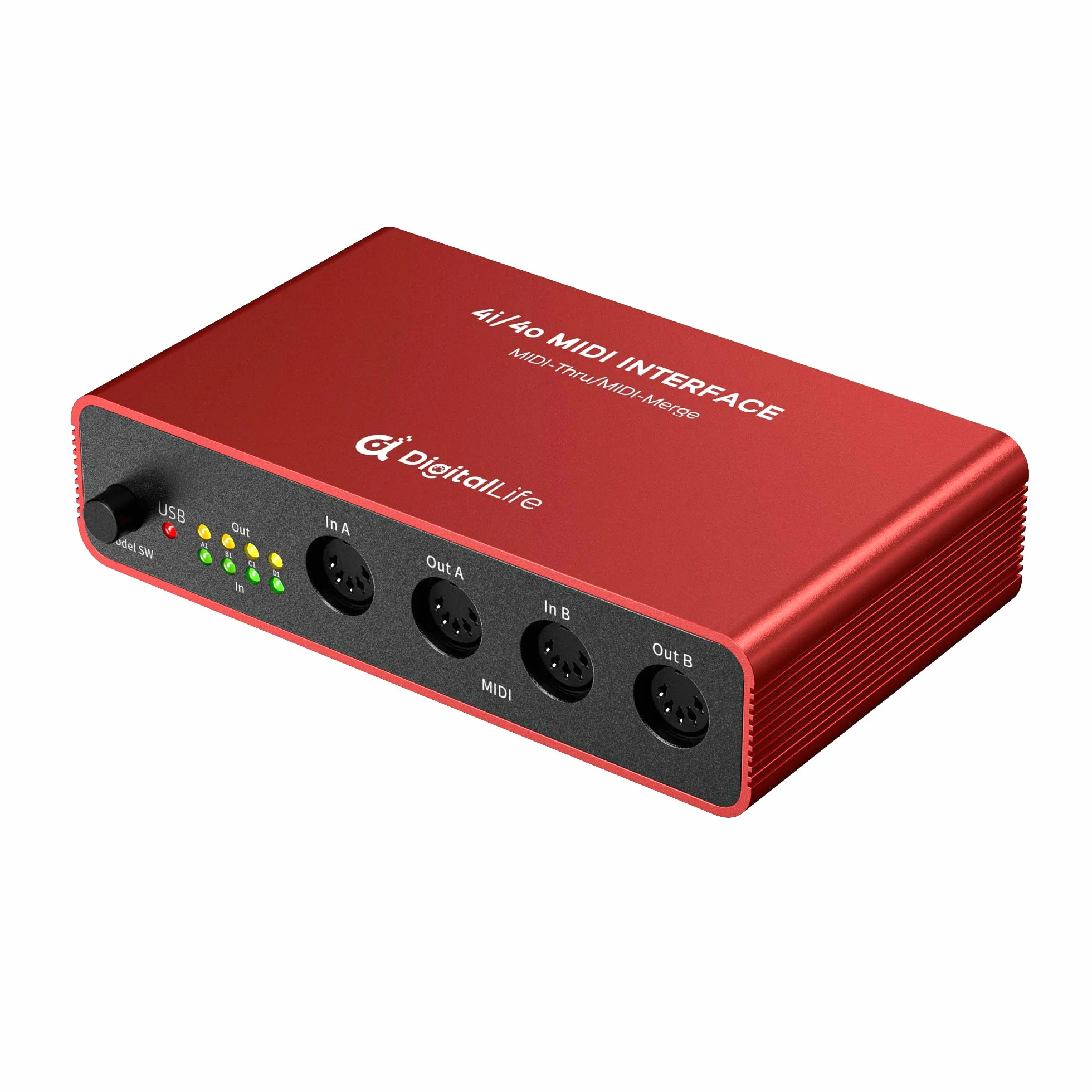 DigitalLife Interfaz MIDI Quad-I/O 5-PIN DIN - Caja MIDI Thru (4-In/4-Out) & Caja MIDI Merge (2-In/4-Out), 8 Indicadores LED, Metal