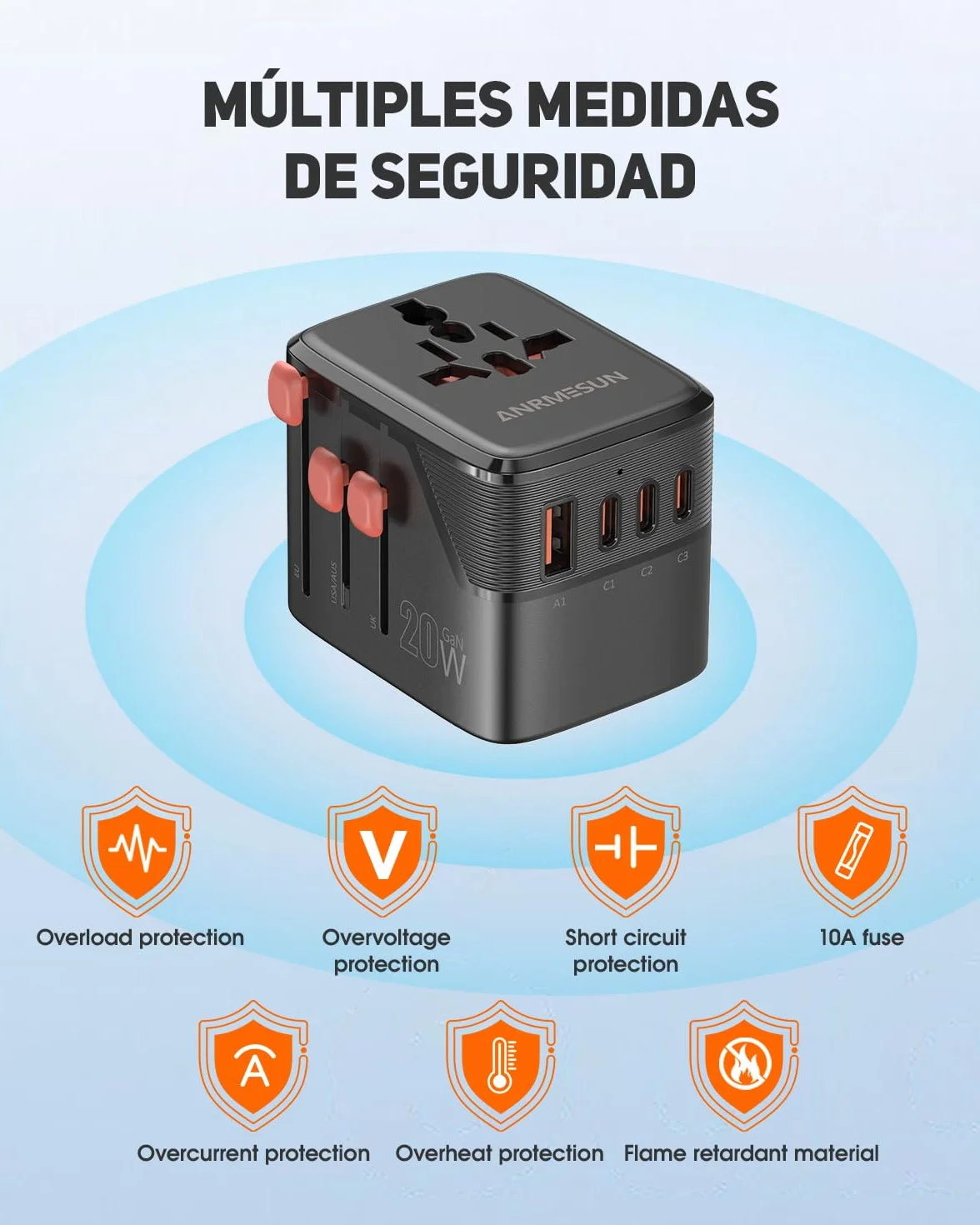Adaptador Enchufe Universal, Internacional Adaptador de Viaje con 3 USB-C(PD 20W) y 1 USB-A, Enchufe Viaje para EU, UK, Americano, Japon, Australia, Negro