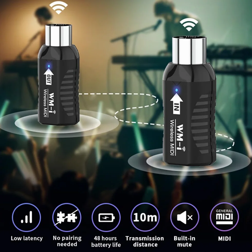 Kavolet Adaptador MIDI inalámbrico, transmisor/receptor de audio recargable, 2,4 GHz, latencia ultra baja, conector MIDI portátil integrado para instrumentos de viento, guitarra, teclado