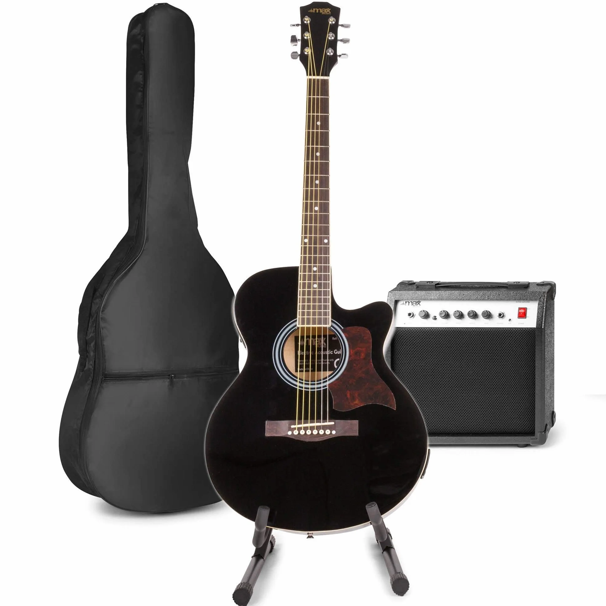 MAX Guitarra Electroacústica Set Completo - Cuerpo Dreadnought, Amplificador 40W, Funda, Soporte, Afinador, Púas, Correa, Cuerdas Repuesto - Ideal para Principiantes y Profesionales