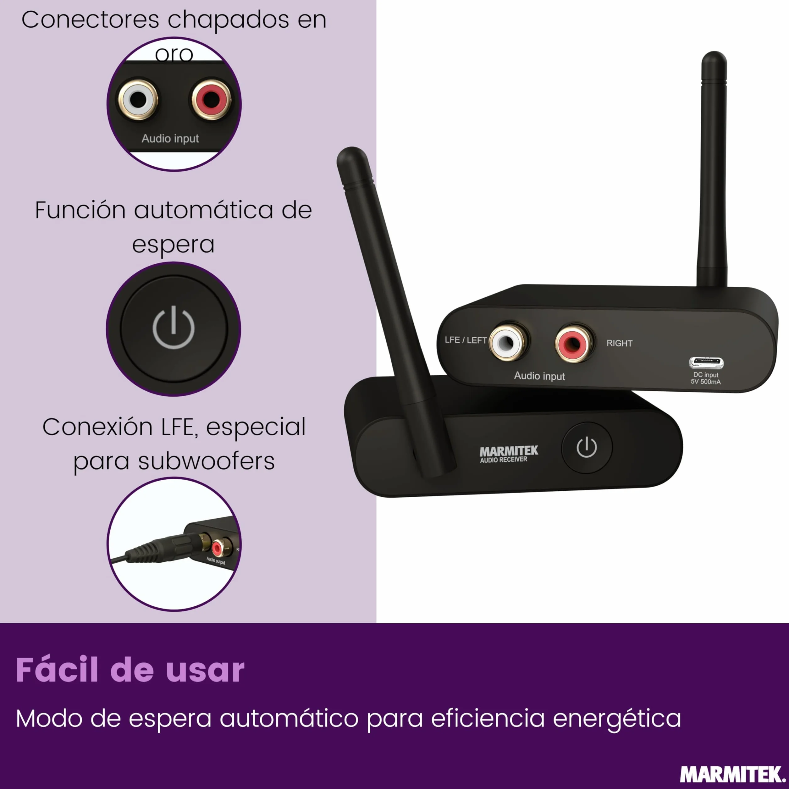 Kit subwoofer inalámbrico Marmitek Subwoofer Anywhere 640 - Sub Activo por LFE/Line - Transmisión Digital Estable, RCA Dorado, Auto Standby - USB-C