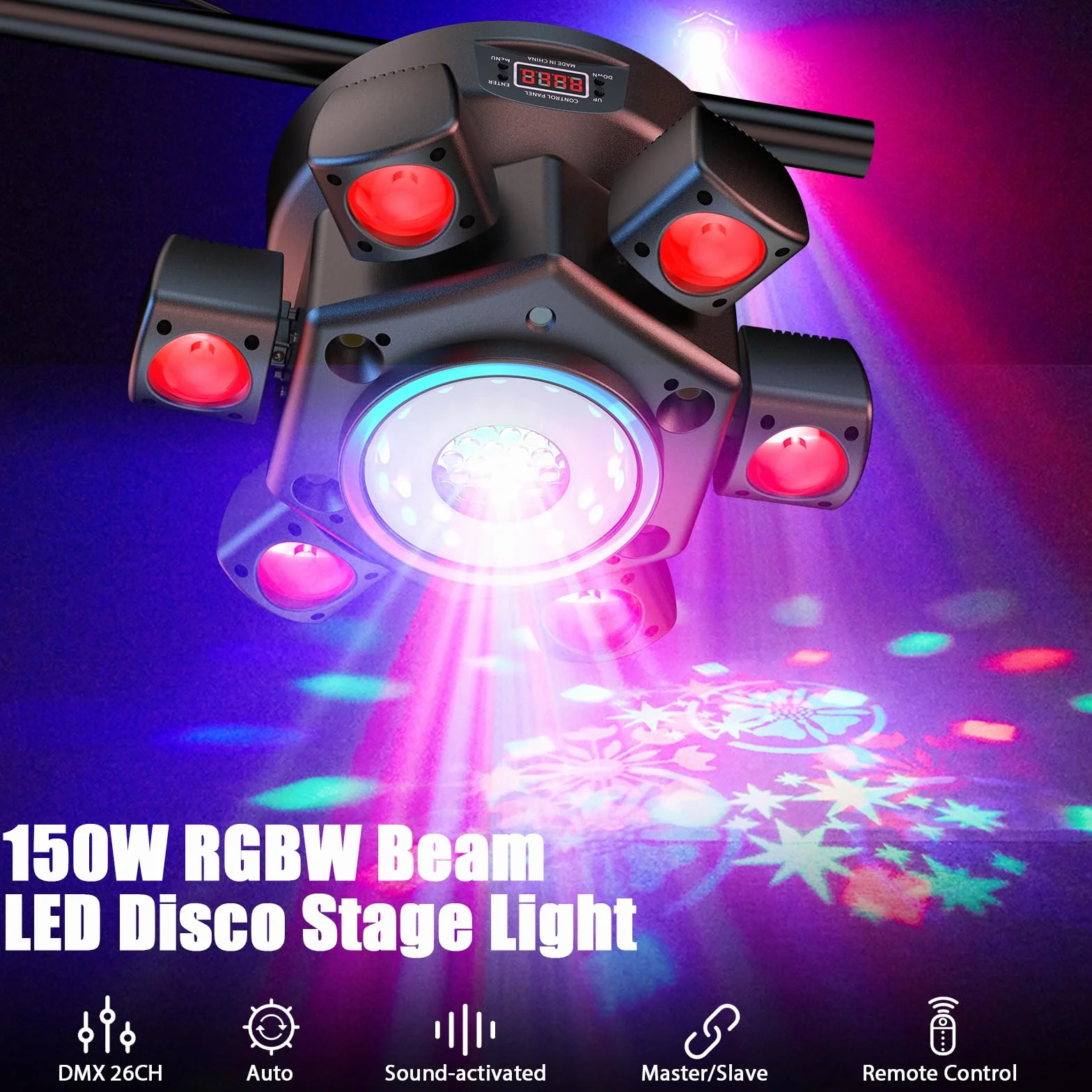 150W Beam Cabeza Móvil Luz de Escenario, RGBW LED Efecto Discoteca Bola Mágica con Control Remoto Moving Head Foco Luces de Fiesta DMX512 Estroboscópico para Halloween KTV DJ Boda