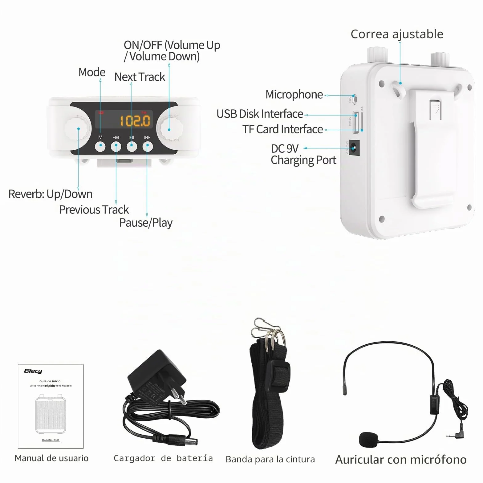 Amplificador de Voz portátil con micrófono batería Recargable 2800mah, Sistema de megafonía para Profesores, guías turísticos, Entrenadores Deportivos, presentadore(Blanco)