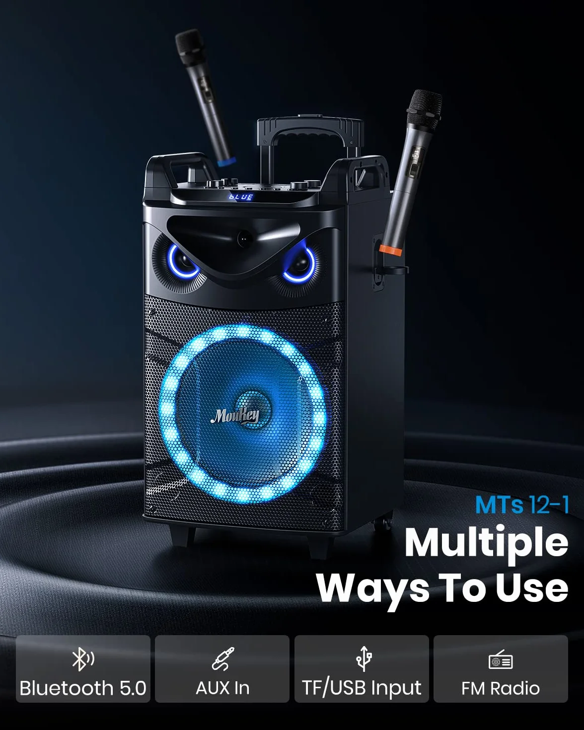 Moukey Altavoz Karaoke con 2 Micrófonos Inalámbricos, Máquina de Karaoke Bluetooth Portátil con Luces de Fiesta, Ajuste de eco/agudos/graves, 12" Woofer Sistema PA Soporte TWS/REC/AUX IN/MP3/USB/TF/FM