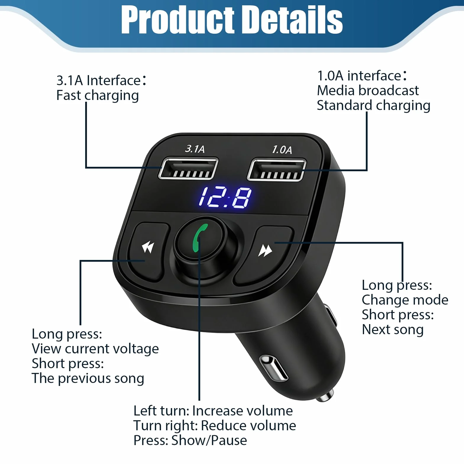 Adaptador Coche Bluetooth MP3 Transmisor FM Manos Libres 2 USB