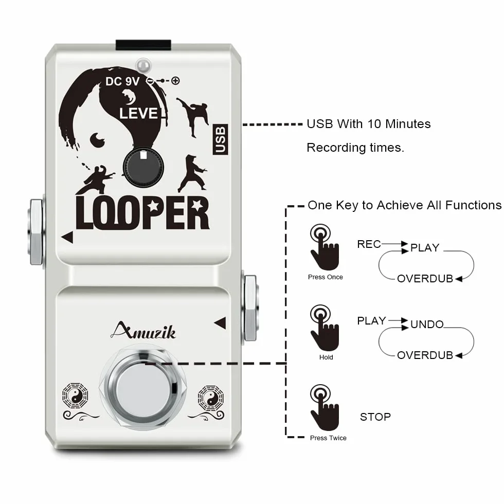 Amuzik Looper Electric Guitar Effect Loop Pedal 10 Minutes of Looping Unlimited Overdubs Puerto USB True Bypass