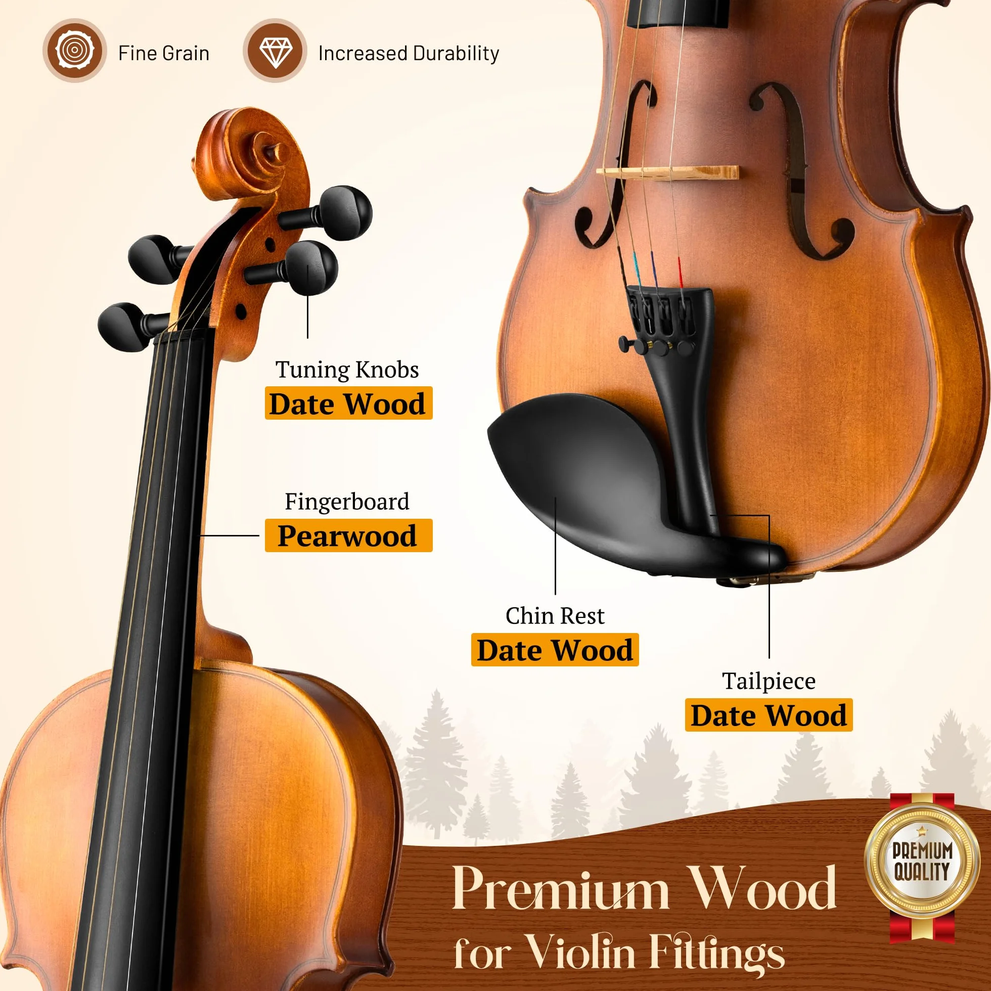 CAHAYA Violín d Madera Maciza Tamaño 4/4 – Exquisita Artesanía Conjunto de Violin con Estuche de Violín Apoya-Hombros Afinador d Resina para Principiantes y Iños arco doble