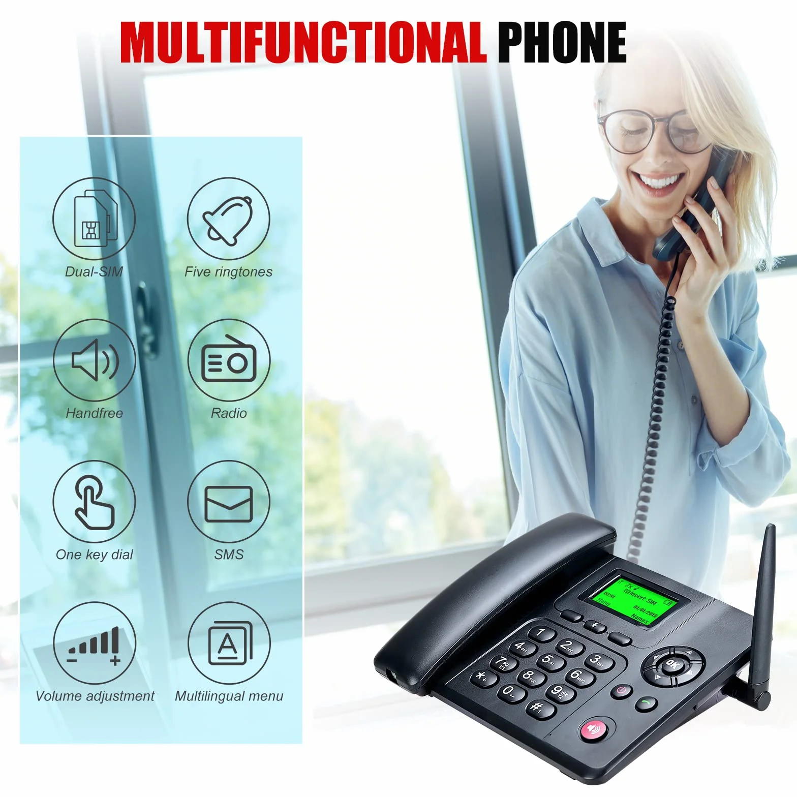 Lychee Cuatribanda Teléfono Fijo con SIM Dual, Manos Libres, Radio, Despertador