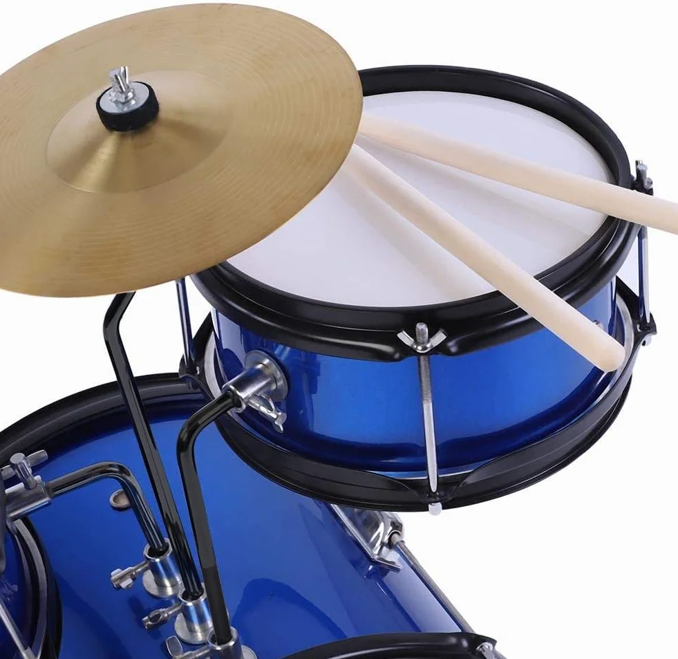 ROCKSTAR MUSIC - Batería Infantil de Madera para Jóvenes Músicos - Kit Completo de Percusión, Calidad Sonora Excepcional, Diseño Ergonómico - Incluye Asiento, Pedal de Bombo, Baquetas, Azul metalizado