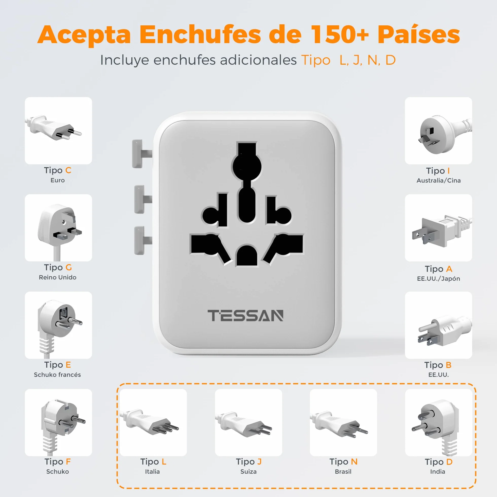 TESSAN Adaptador Enchufe Universal con 2 USB A y 2 USB C para Viaje Inglaterra EE. UU. Japón Tailandia Australia