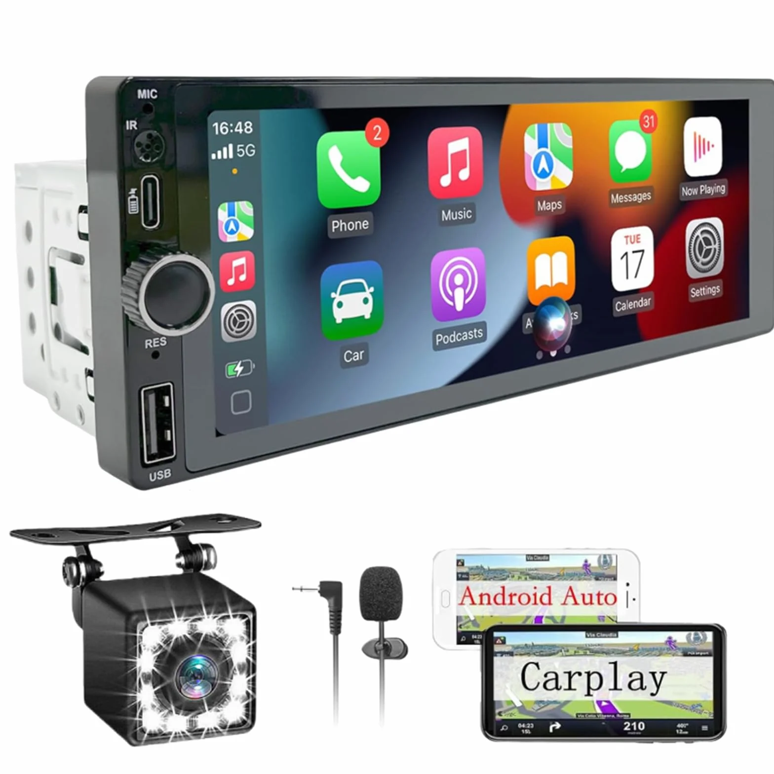 Radio Coche Bluetooth Pantalla - Pantalla Carplay 1 DIN Táctil de 6.86 Pulgadas, Radio CarPlay 1 DIN y Soporte Mirror Link para iOS/Android con Cámara de Respaldo, Admite Carga Type-C/USB/Mic/EQ/SWC
