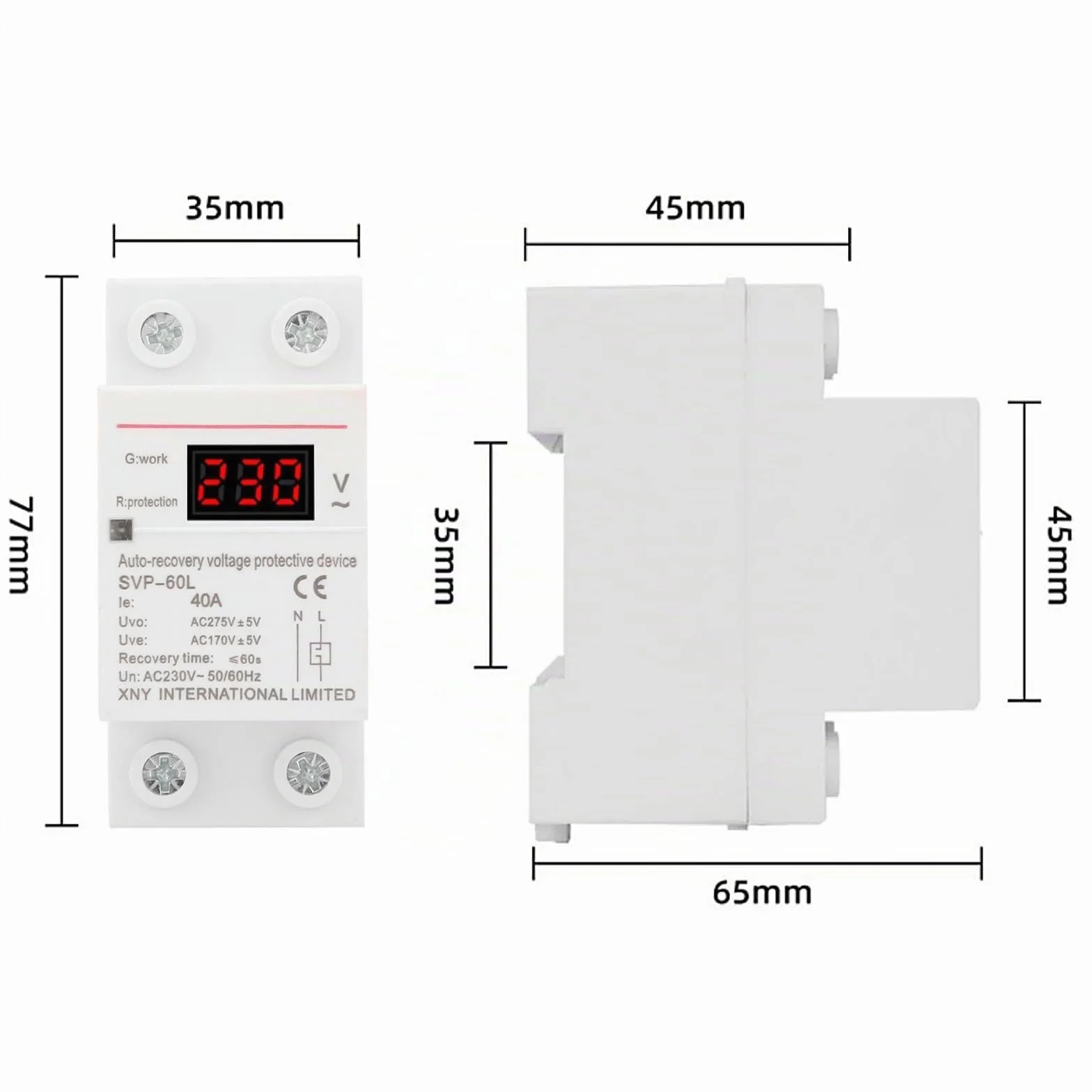 Jadeshay Dispositivo Protección Sobretensión Subtensión,230V 40A Voltaje Protector Carril DIN Recuperación Automática contra Sobrevoltaje y Bajo Voltaje con Luz Indicadora y Pantalla de Voltaje LED