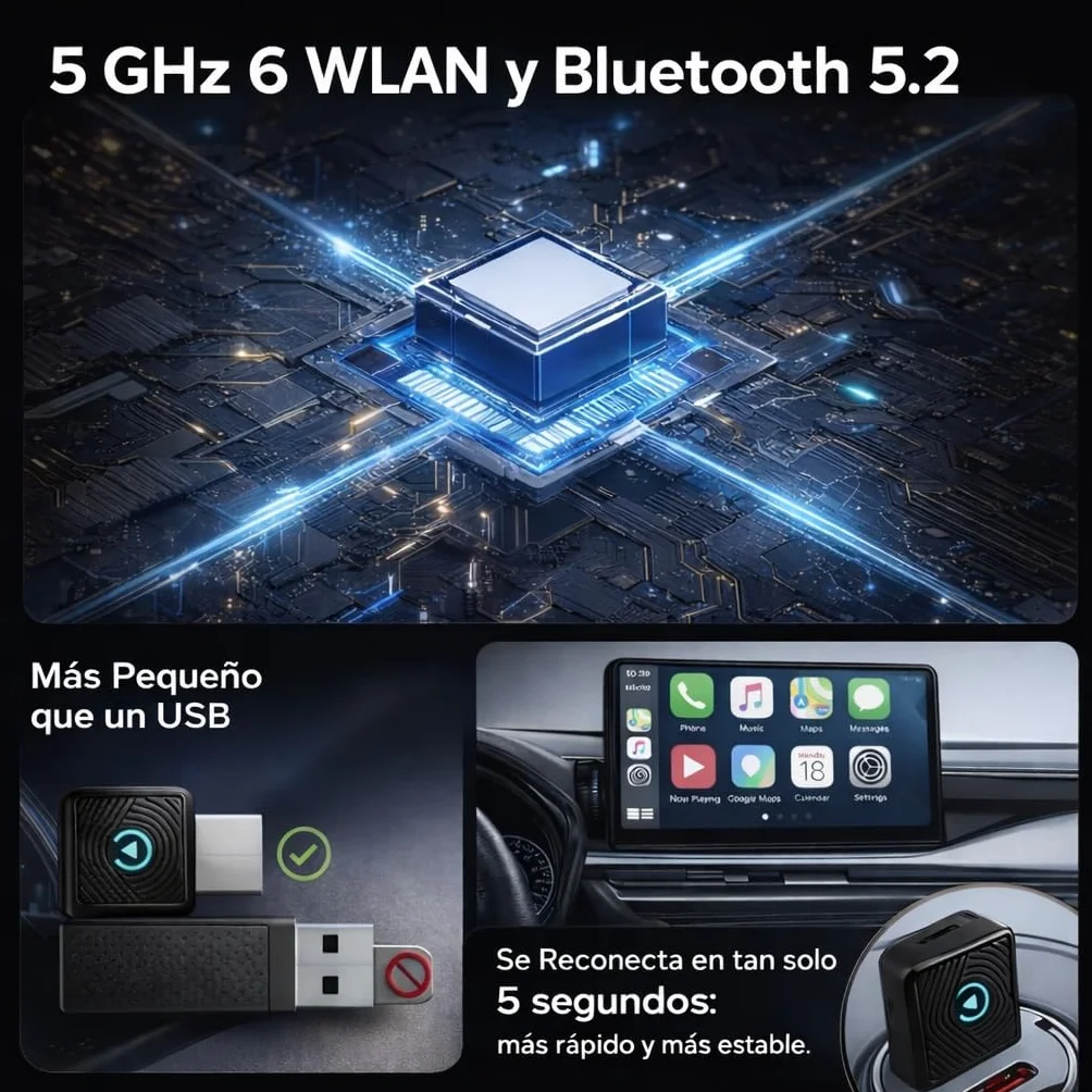 Adaptador CarPlay Inalámbrico y Android Auto 2 en 1 - WiFi 6 5GHz Mini USB Convierte Cable a Inalámbrico - Plug & Play Conexión Rápida 9s para iPhone iOS 10+ Android 11+ Coches 2016+