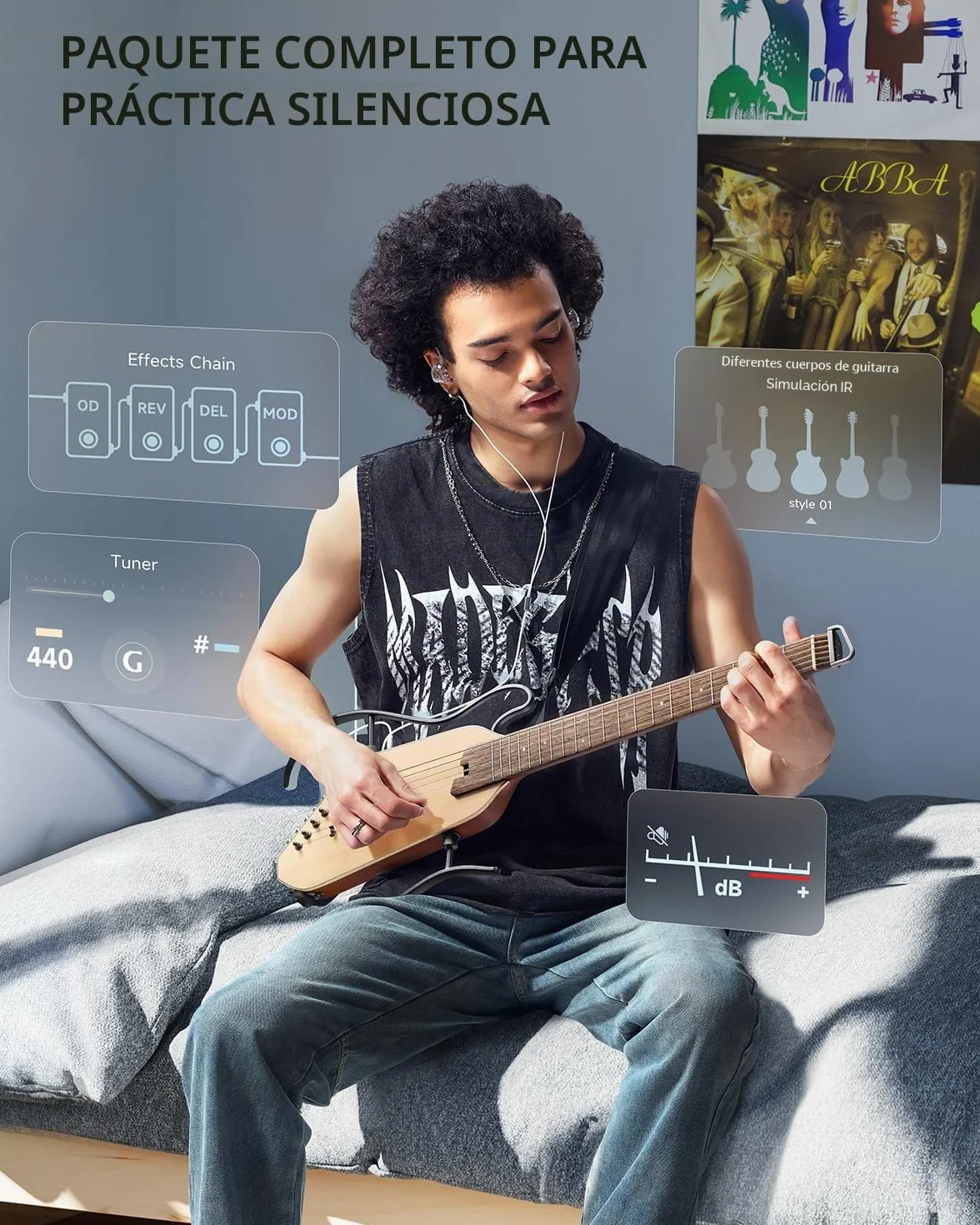 Donner Guitarra eléctrica acústica HUSH I PRO Guitarra de viaje con múltiples modos de efecto, kit de guitarra inteligente de auriculares, bolsa de concierto, correa, cable de carga