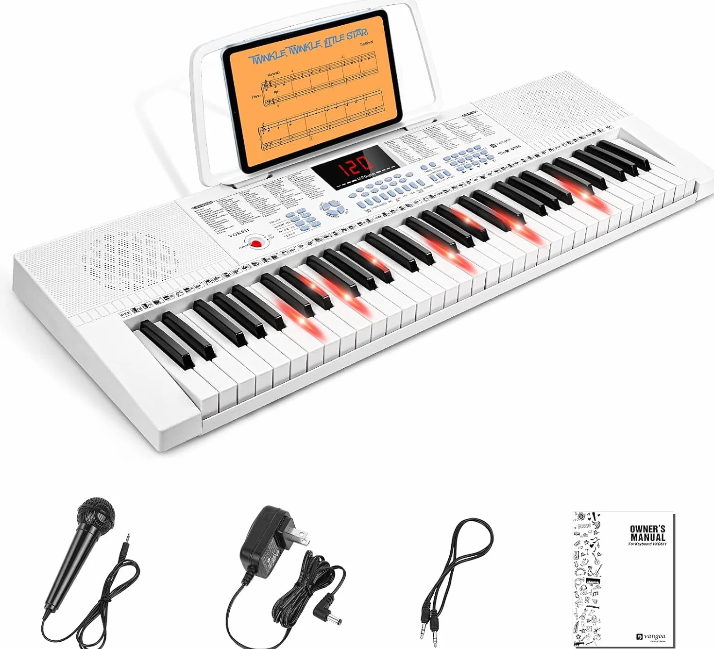 Vangoa Piano 61 Teclas Luminosas, Para Principiantes Niño, Mini Teclado Luminoso Musical, Modos De Enseñanza, 350 Tonos, Blanco