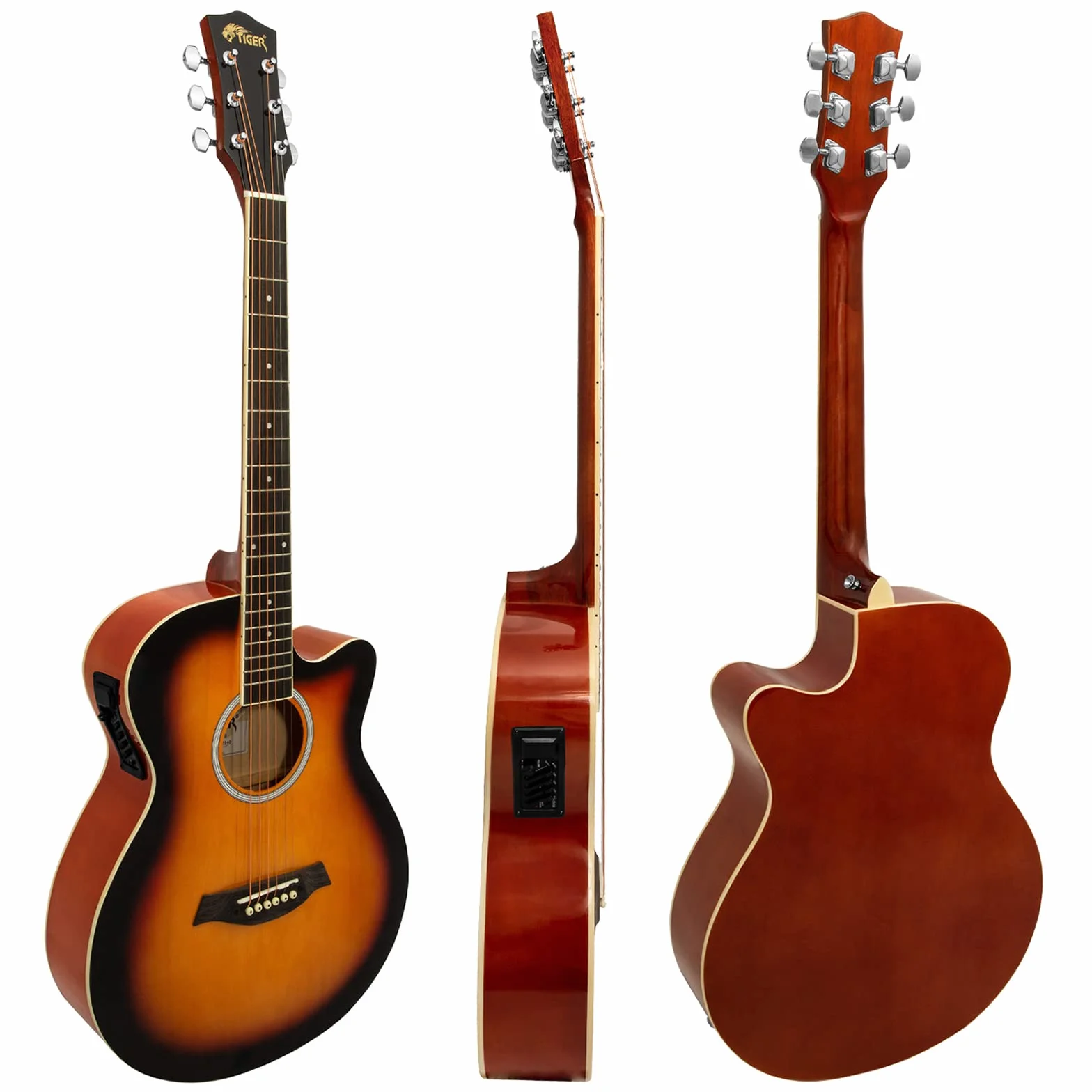 TIGER ACG4-SB Guitarra electroacústica para estudiantes de tamaño completo con ecualizador incorporado, funda, correa, cuerdas de repuesto y púas - Sunburst
