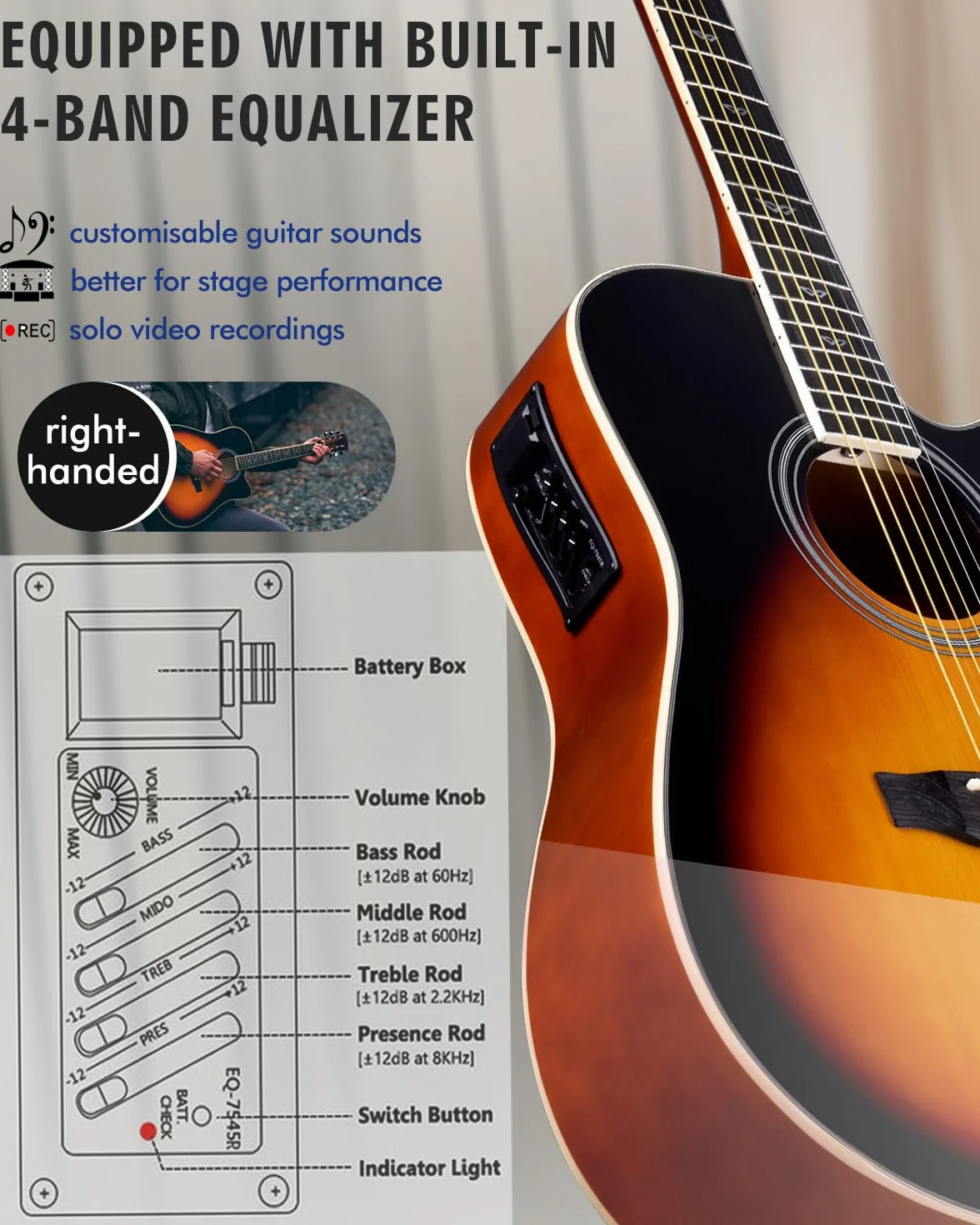 Winzz 4/4 Guitarra Electroacústica para Adultos, Guitarra Principiante Folk con Accesorios Completos（41 Pulgadas, Sunburst Brillante）