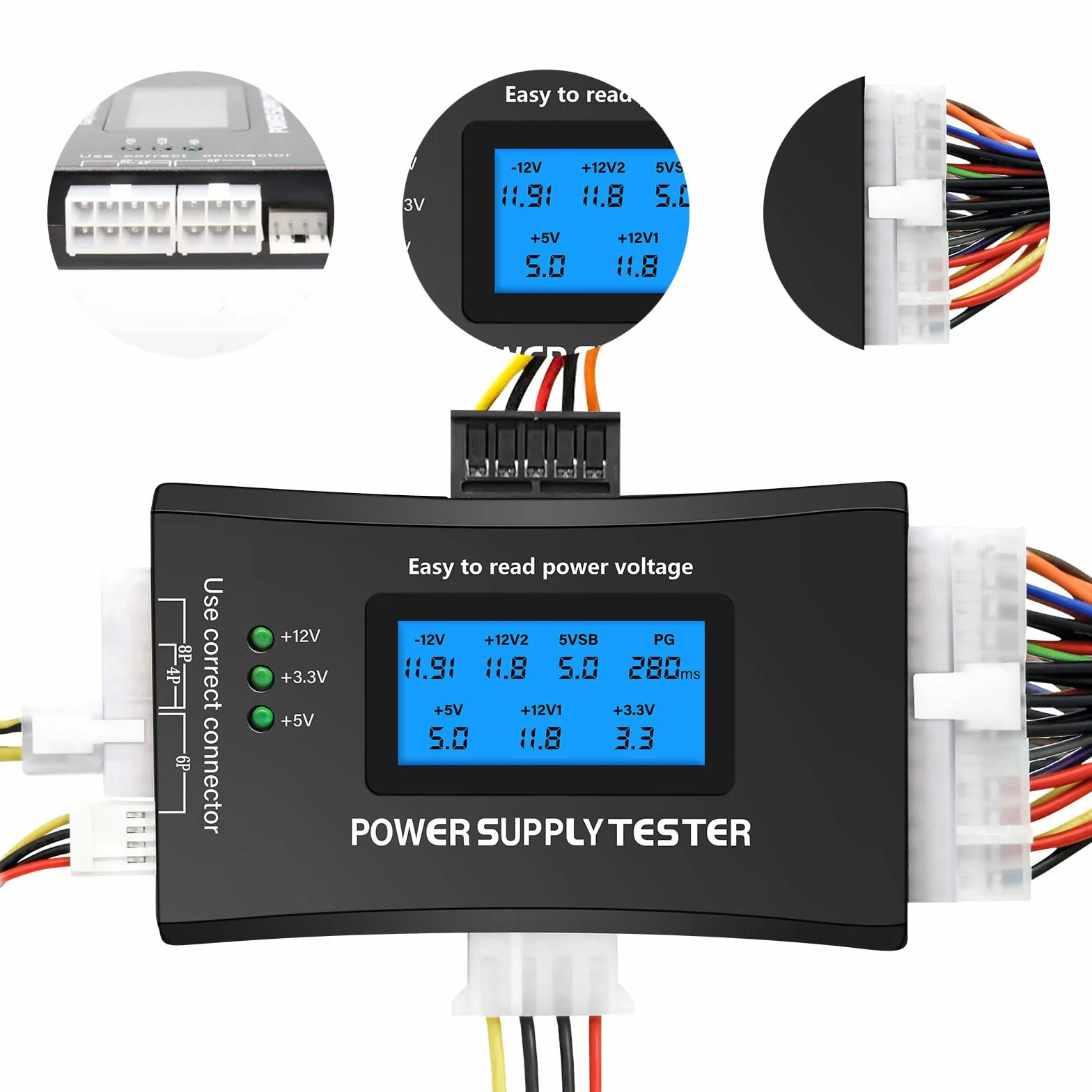 Probador de Fuente de Alimentación para PC, QIQIAZI Tester ATX con Pantalla LCD de 1,8", Compatible con ATX/ITX/IDE/HDD/SATA/BYI, Probador Digital con Alarma de Error y Luz LED