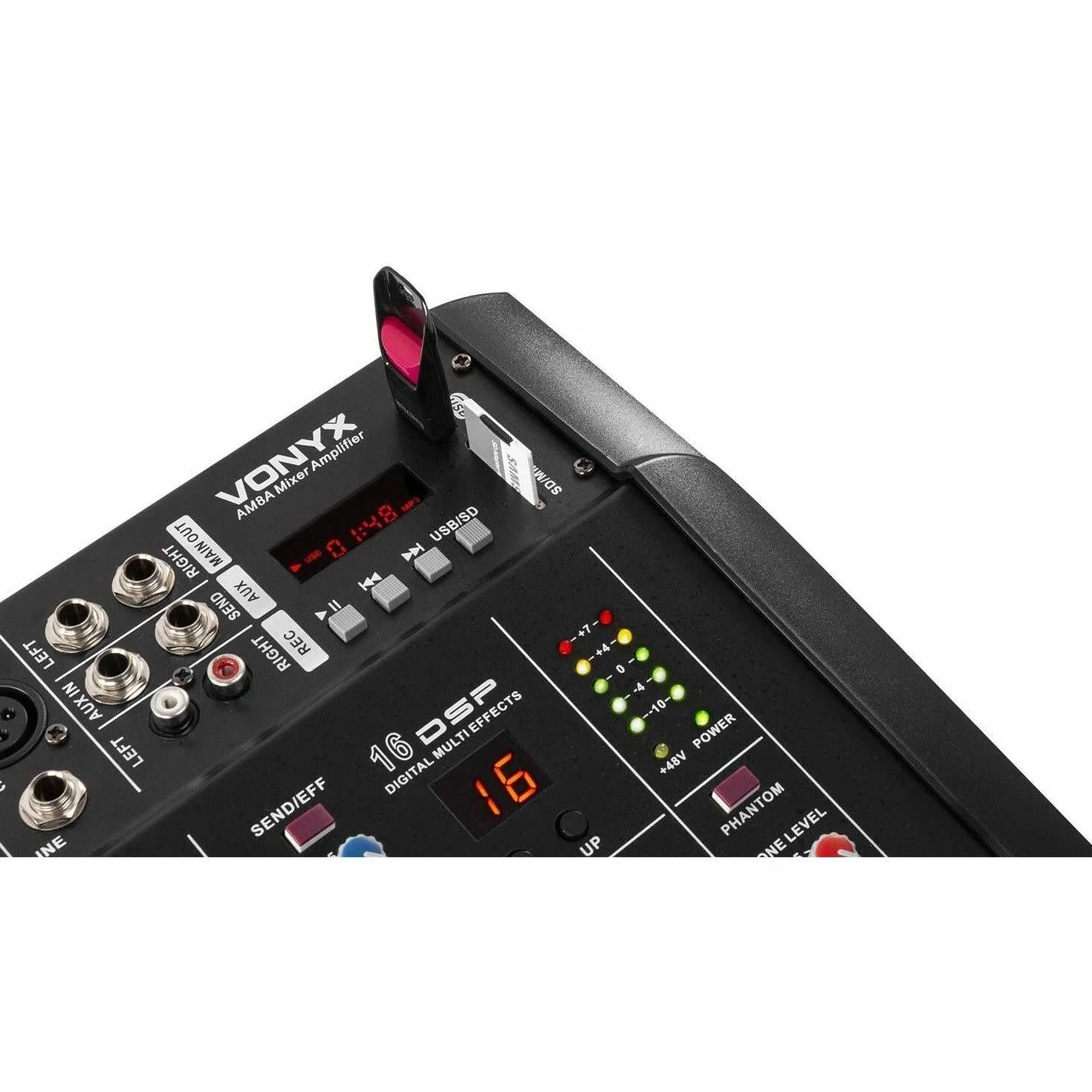 VONYX AM5A Mezclador de 5 canales con amplificador incorporado,DSPde efectos, Bluetooth para transmitir audio inalámbricamente, puerto SD y USB para MP3, amplificador interno de 500W x 2 a 8 ohmios