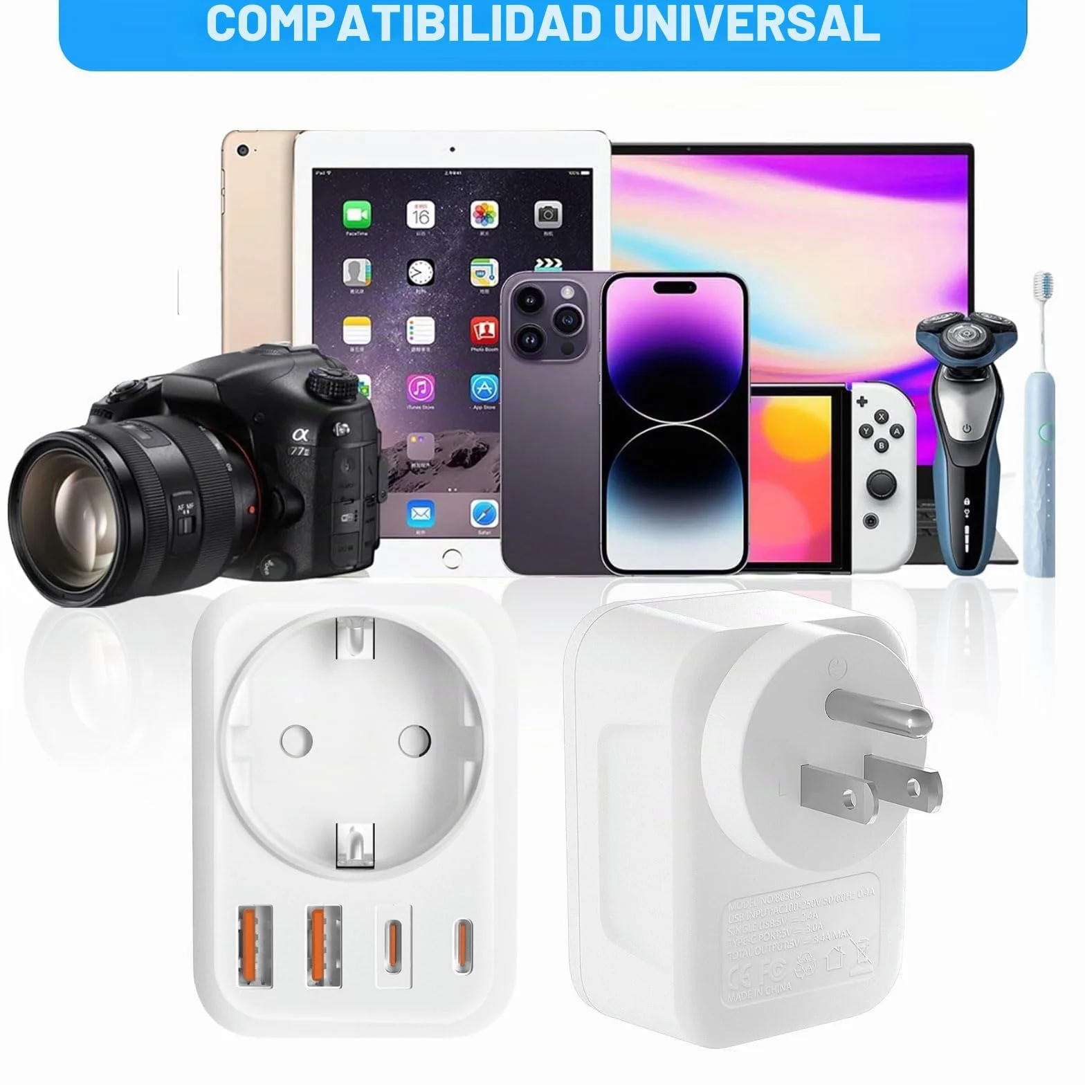 Adaptador Enchufe Europeo a Americano 5 en 1 USB C USB A Tipo B para EE. UU. Canadá México