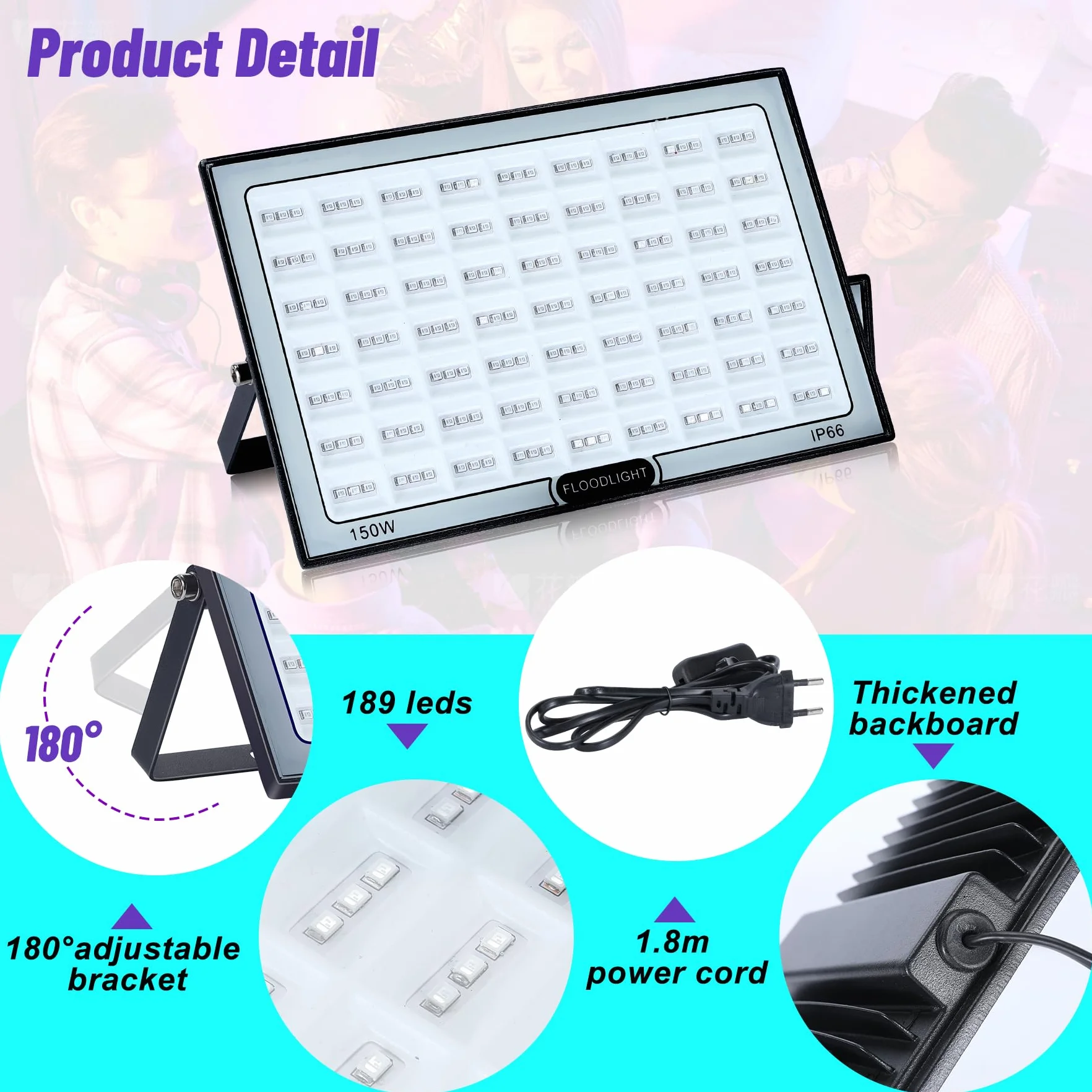Luz Negra LED 2 Piezas, 150W Luz uv Impermeables IP66, para Disco DJ, Iluminación de Escenario, Fiesta Glow, Decoración De Halloween, Fiesta Fluorescente