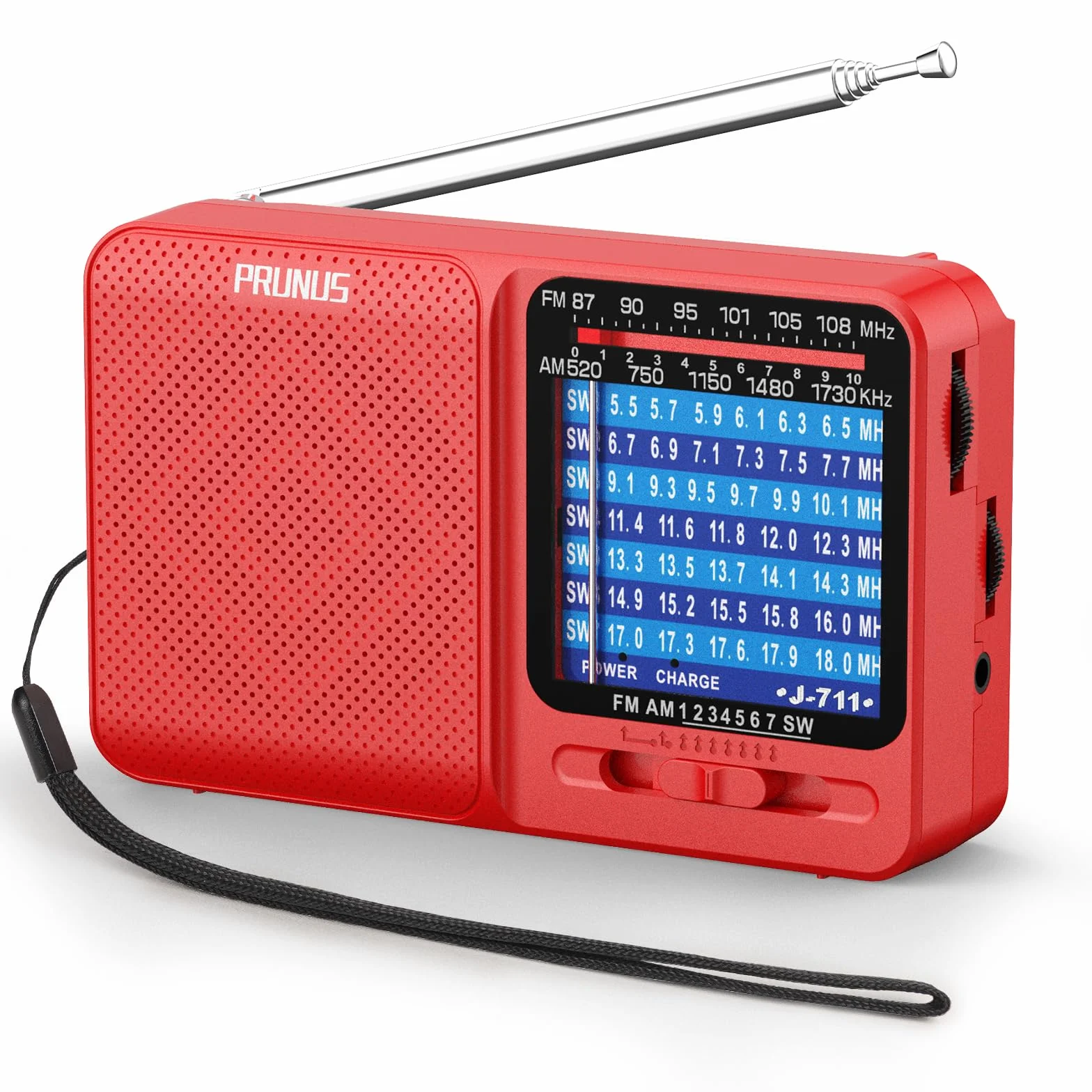PRUNUS J-711 Radio Portátil Pequeña Recargable AM/SW/FM, Transistor con Pilas AA y USB-C, Rojo