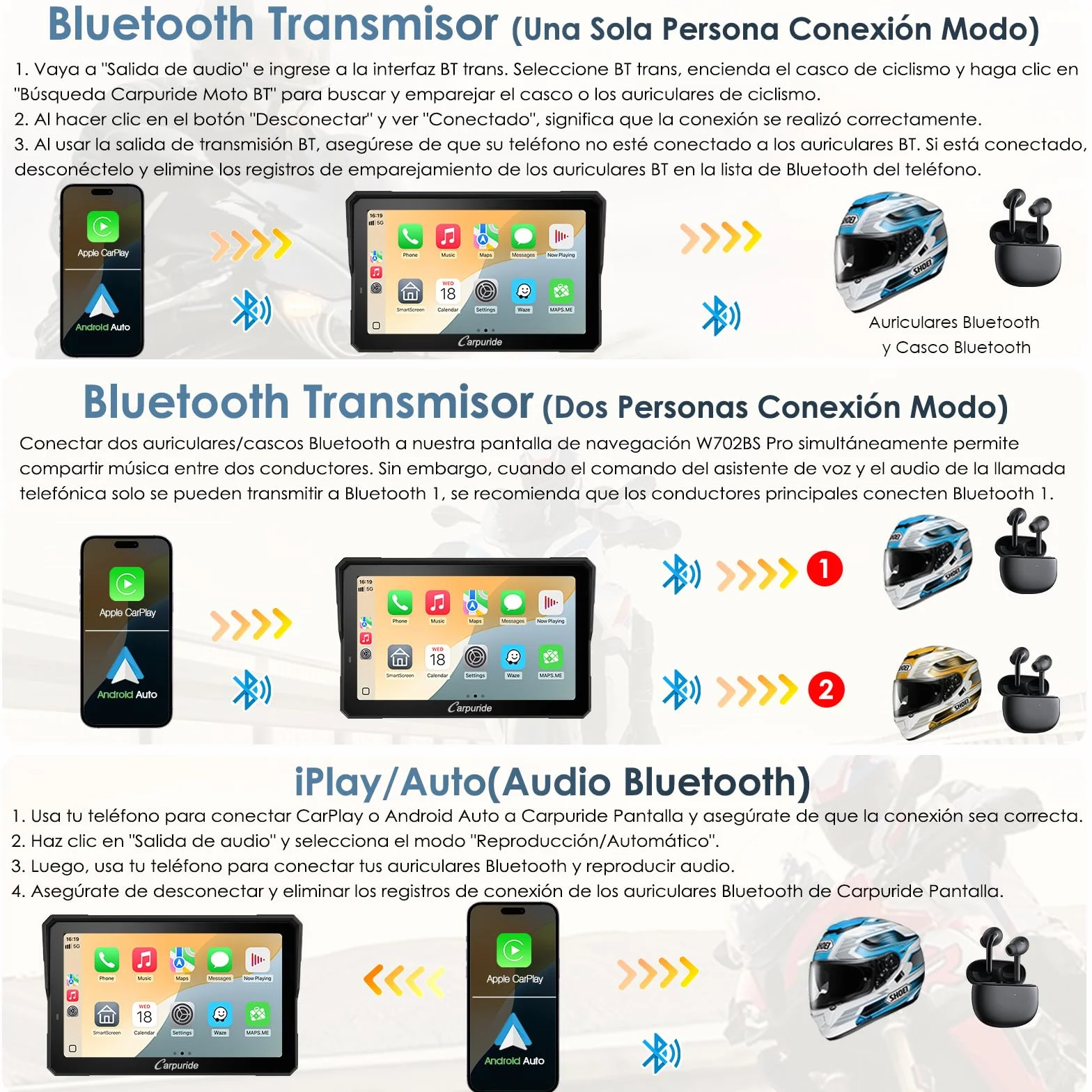 Carpuride W702BS Pro Motocicleta Carplay Pantalla 7" Impermeable táctil Inalámbrico CarPlay Android Auto Dual Bluetooth Intercomunicador