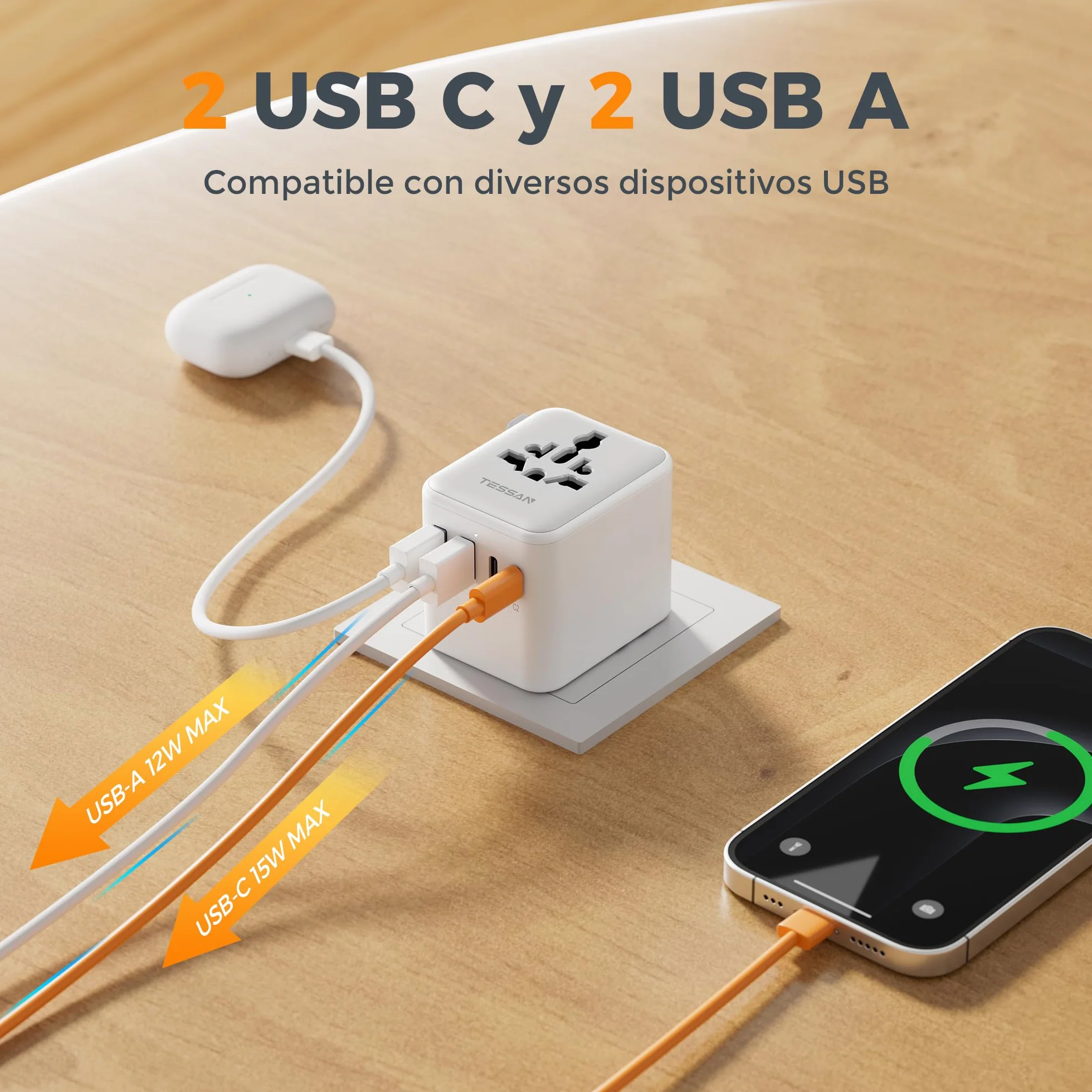 TESSAN Adaptador Enchufe Universal con 2 USB A y 2 USB C para Viaje Inglaterra EE. UU. Japón Tailandia Australia
