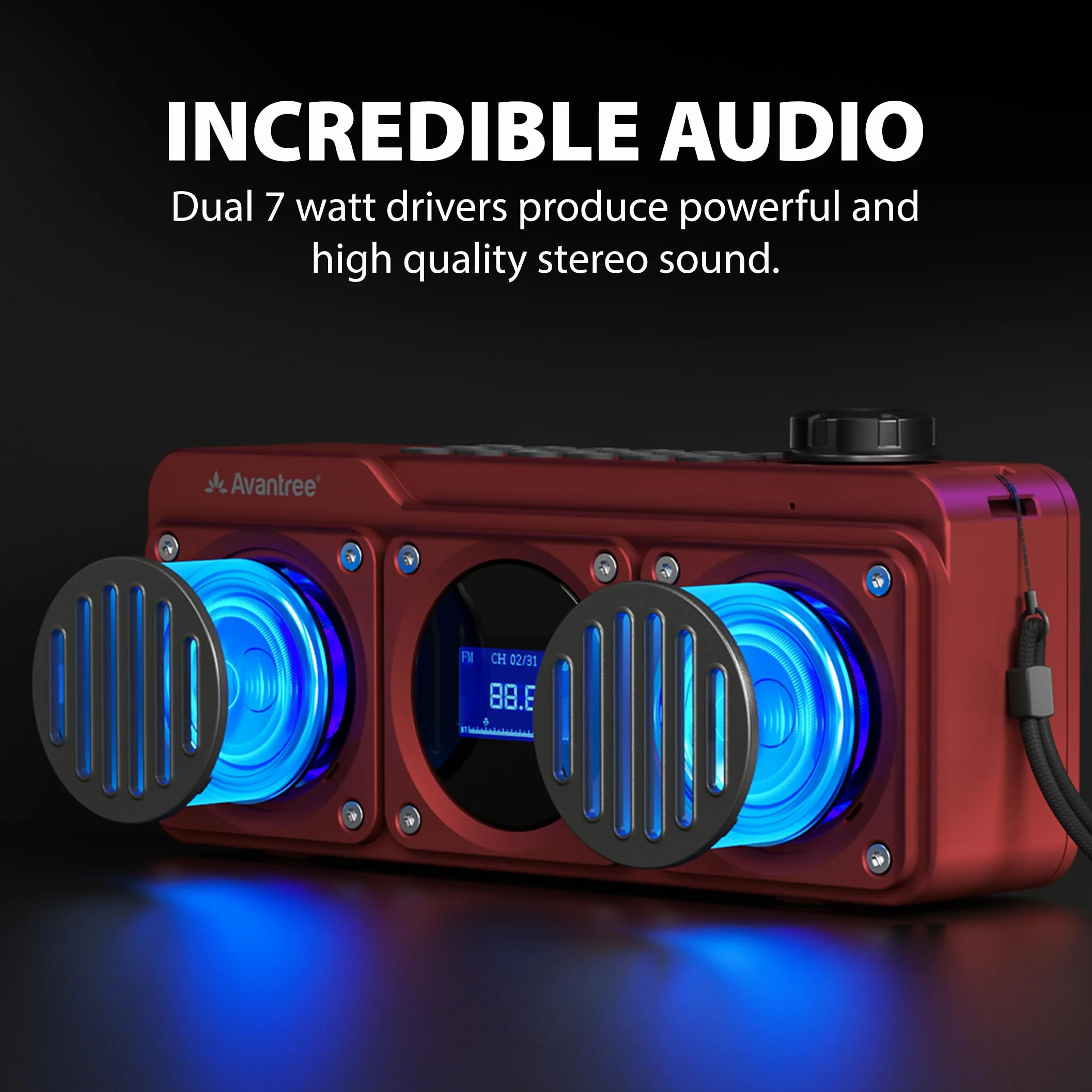 Avantree Boombyte - Radio FM Portátil Pequeña 4 en 1 y Altavoz Bluetooth con Altavoz Duales (14W), Volumen Potente, Sonido Estéreo, Lector Micro SD y Puerto USB, Reproductor de MP3 Recargable - Rojo