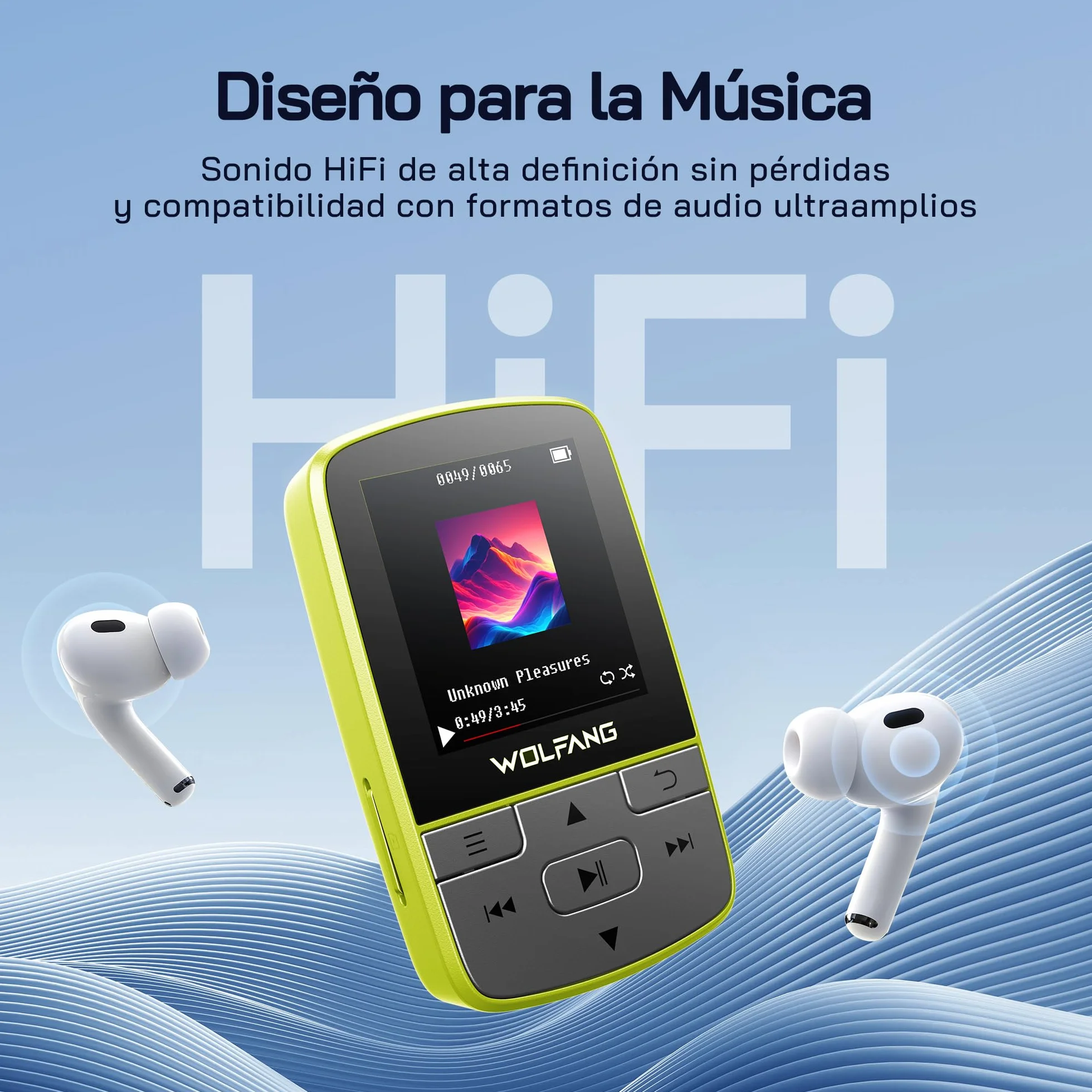 WOLFANG Reproductores de MP3 con Bluetooth 5.2, Clip Deportivo, tamaño Mini, Peso de 1 Onza, Radio FM HiF, grabadora de Voz, Auriculares incluidos, Verde Fluorescente