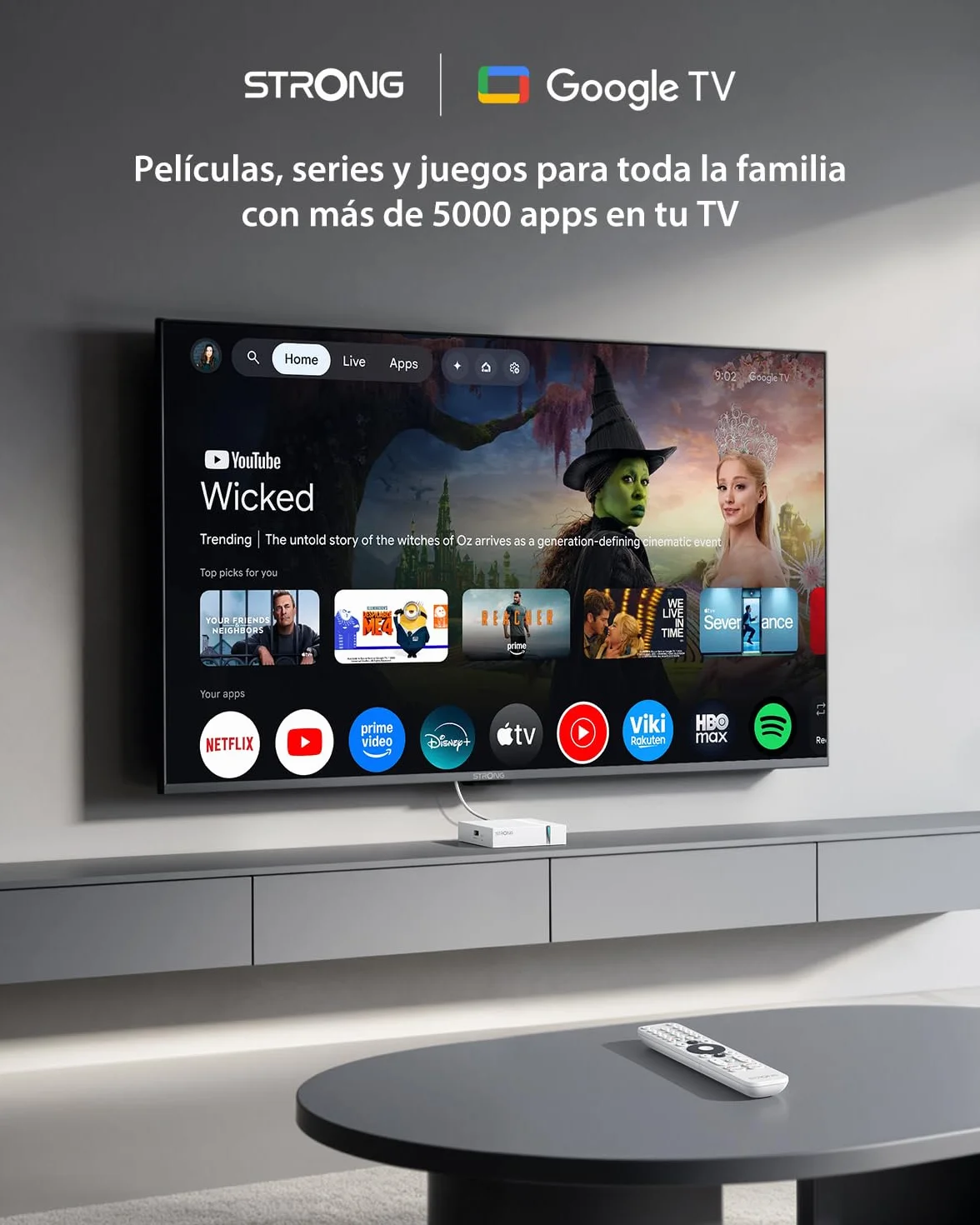 STRONG Leap-S3+V2 Streaming Smart TV Box 4K UHD 2GB RAM 16GB HDR10+ Dolby Vision WiFi 5 BLE 5 Ethernet RJ45 Asistente de Voz Blanco