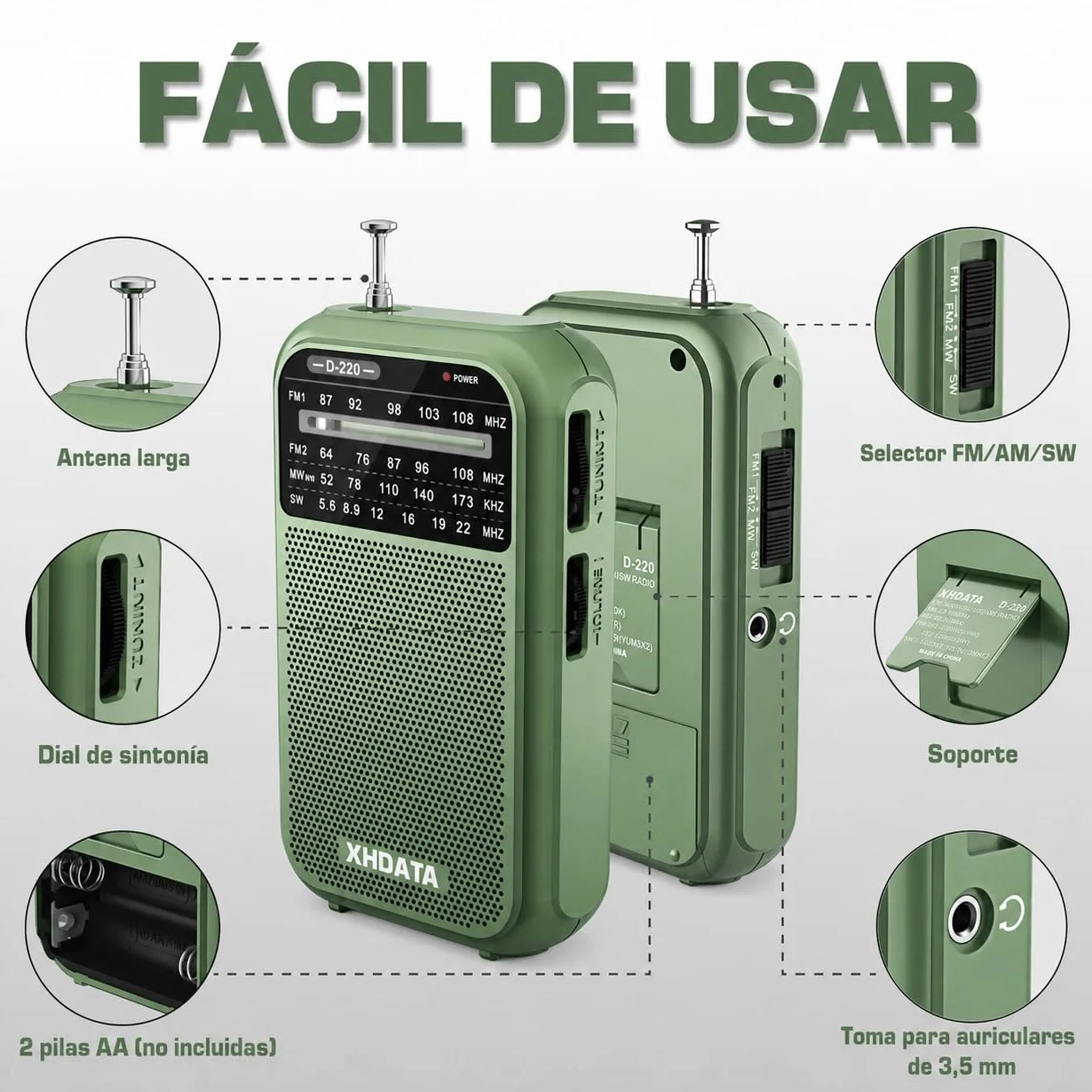 XHDATA D-220 Radio Portátil Pequeño FM AM SW Transistores Mini Radio de Bolsillo Verde