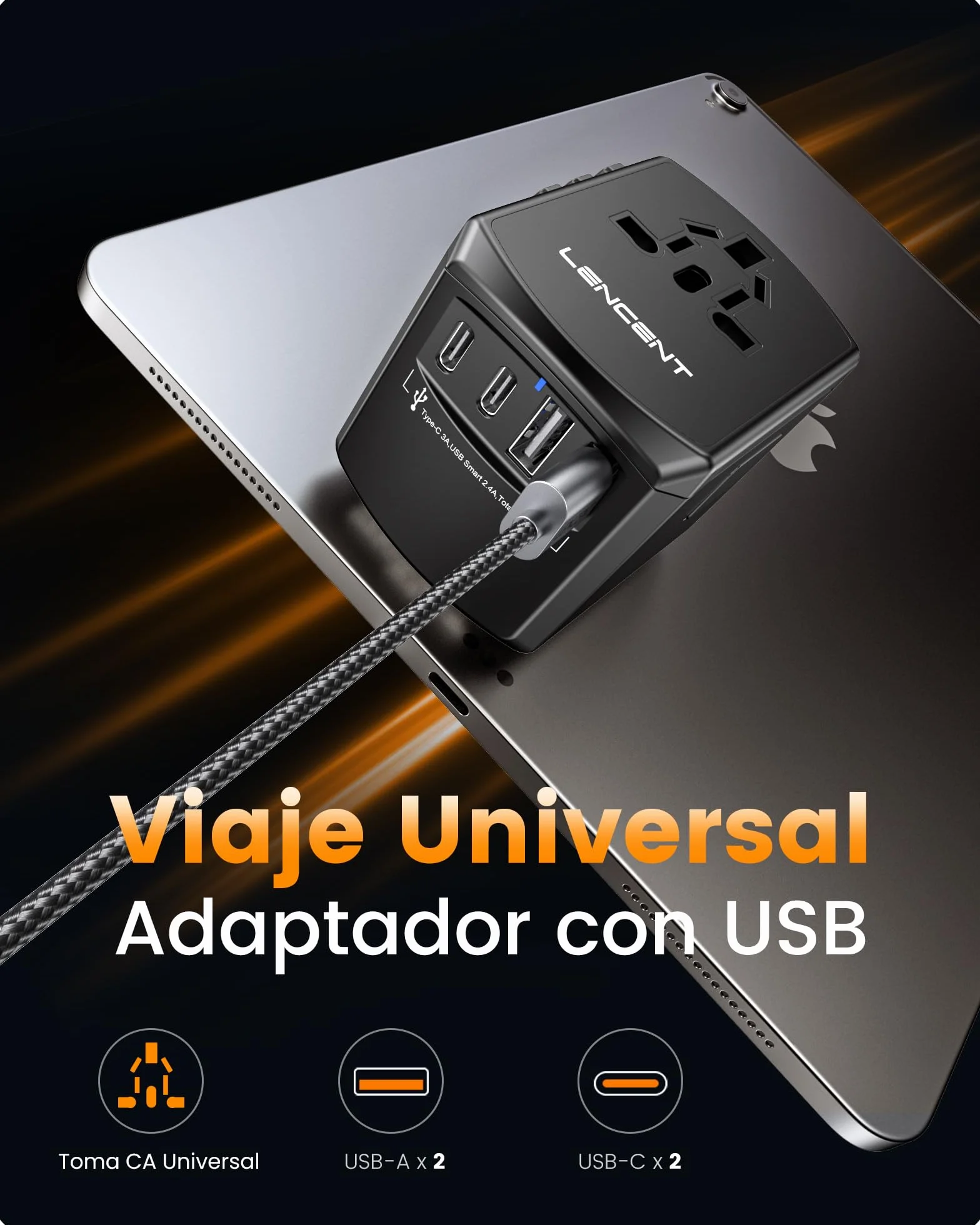 LENCENT Adaptador Enchufe de Viaje Universal, Cargador de Pared USB Internacional de 2 Puertos USB-A y 2 Tipo C para EEUU/UK/EU/AUS Más de 200 Países para Teléfonos, Tabletas, Cámara y más, Negro