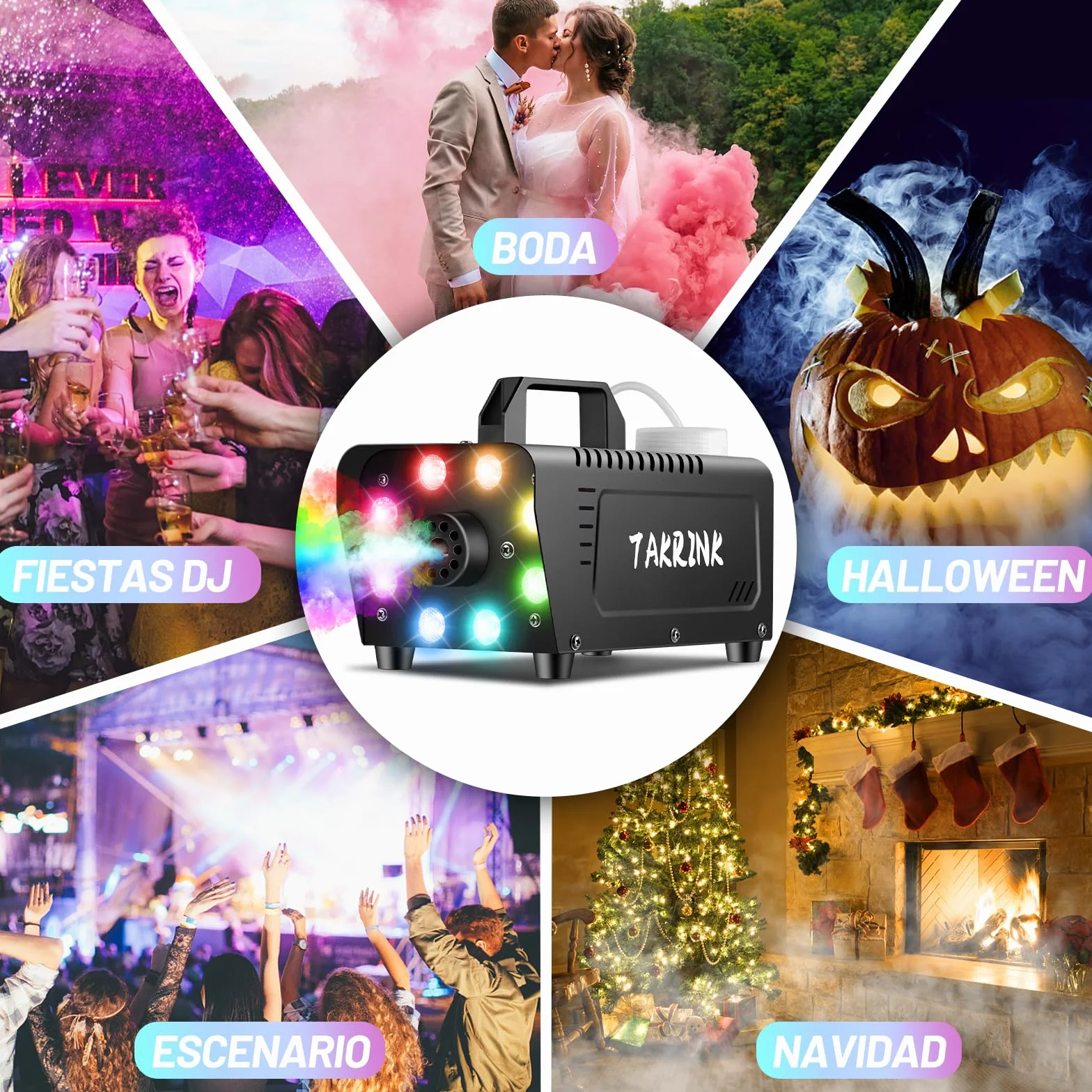 TAKRINK Máquina de Humo 900W con 8 Luces LED RGB de 16 Colores Control Remoto Inalámbrico y Niebla Automática Fog Machine Portátil para Fiestas Bodas Discotecas DJ y Eventos Especiales