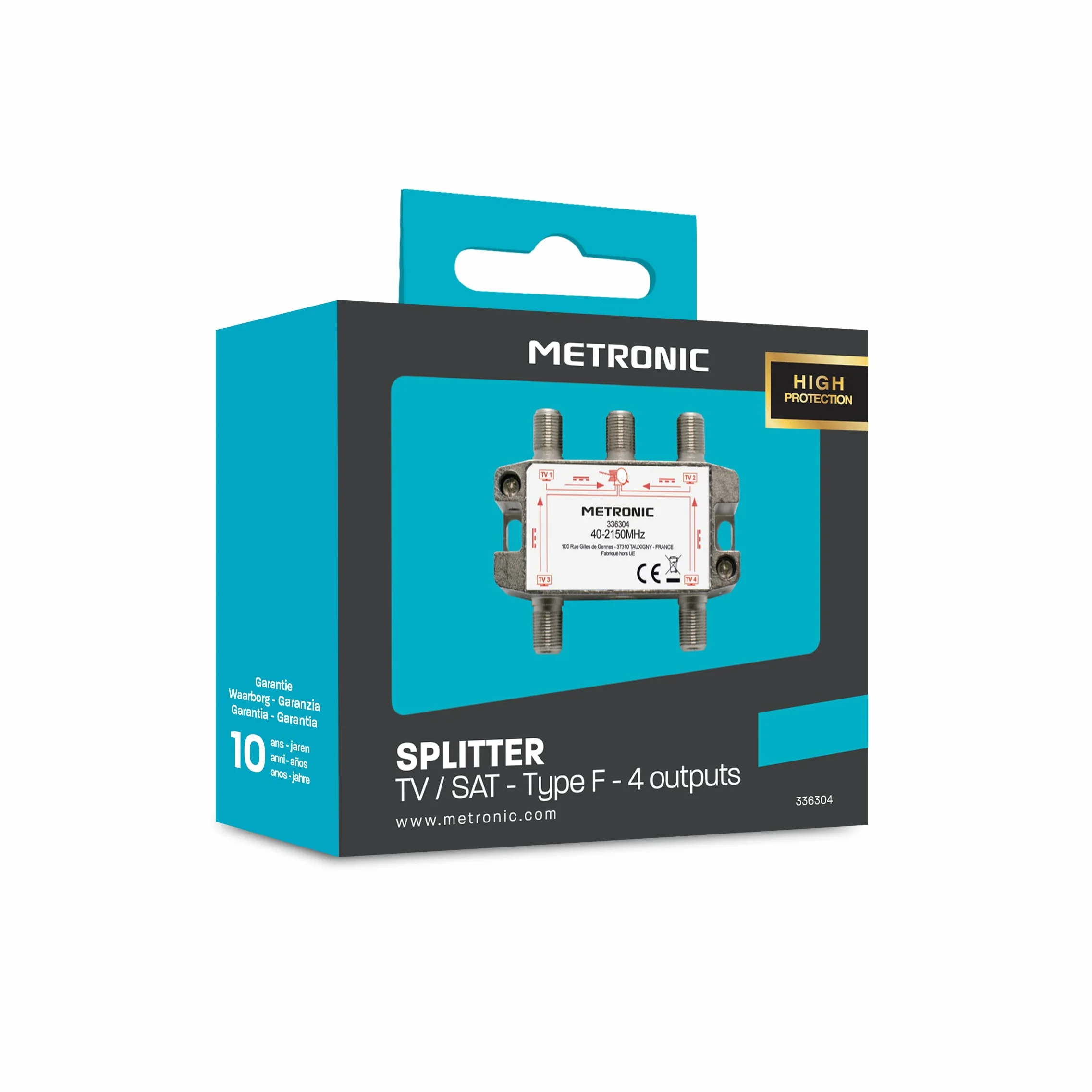 Metronic 336304 - Distribuidor de TV, Divisor coaxial, DVB-T2 y satélite, Divisor Antena TV, blindado, metálico 1 Entrada - 4 Salidas F