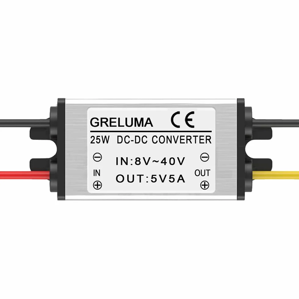 Greluma 1PC DC 12V 24V a 5V Regulador Convertidor Reductor 5A 25W Adaptador de Corriente Reductor para Electrónica de Automóvil Camión Vehículo Barco Sistema Solar (Entradas DC 8-40 V)