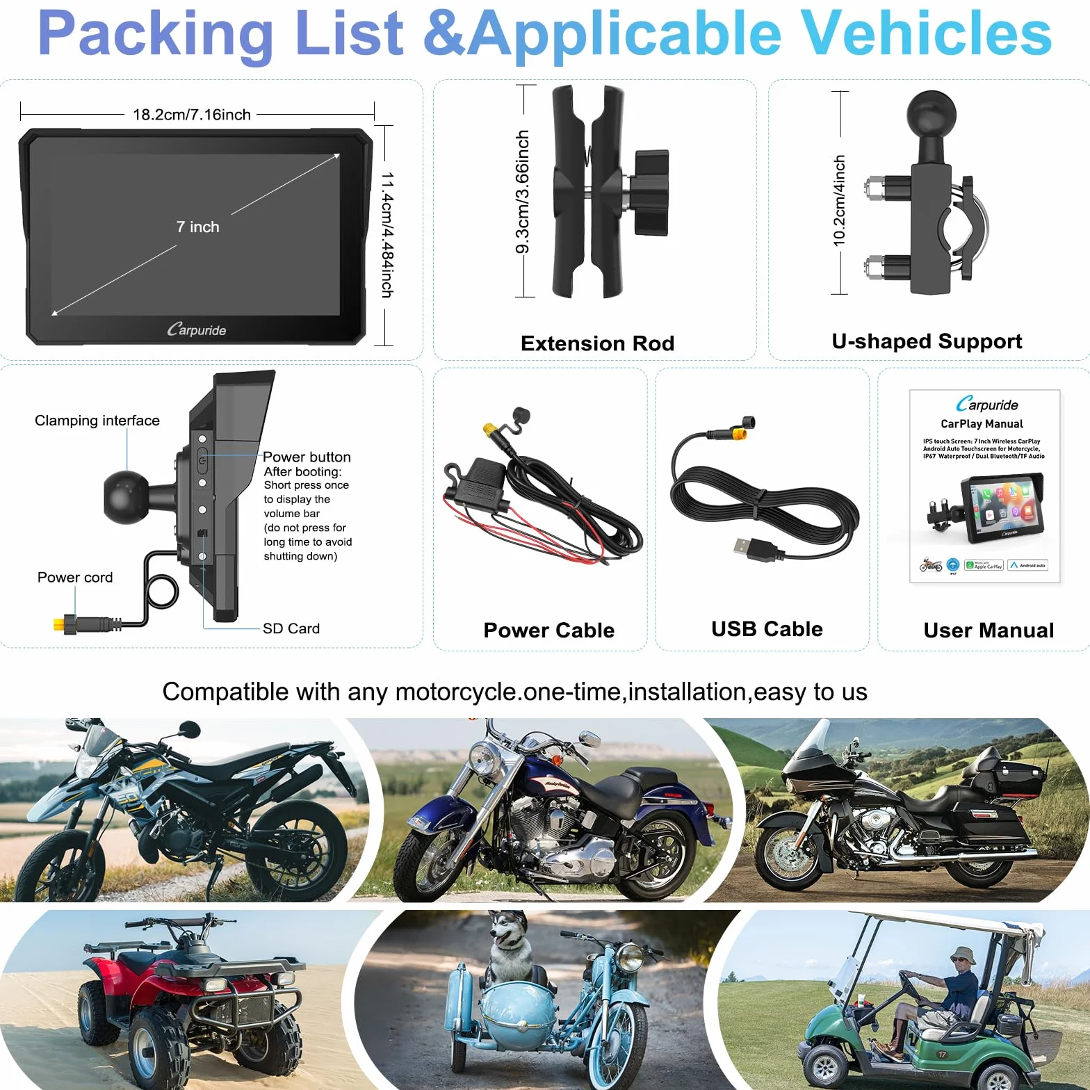 Carpuride W702 Pantalla GPS Carplay 7 Pulgadas Motocicleta CarPlay Inalámbrico Android Auto Pantalla Táctil Impermeable Bluetooth Navegación