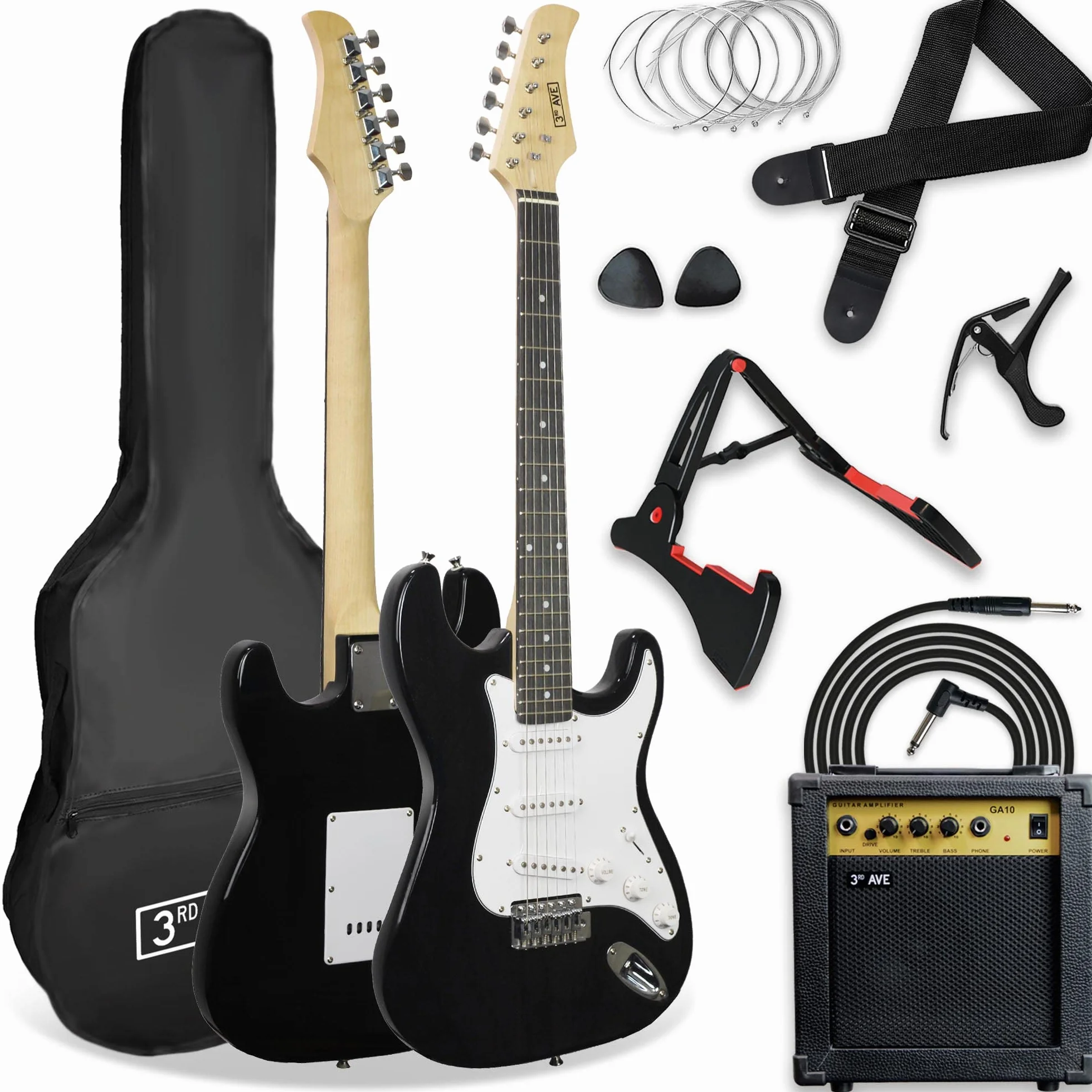 3rd Avenue XF Kit Definitivo De Guitarra Eléctrica 4/4 De Tamaño Completo Con Amplificador De 10 W, Afinador Digital, Cable, Soporte, Funda, Correa, Cuerdas De Repuesto, Púas Y Cejilla, Color Negro