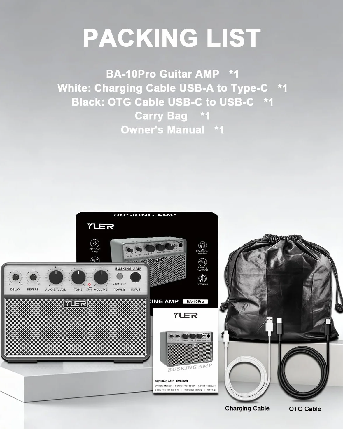 Yuer BA-10Pro - Amplificador de guitarra acústica de 10 W, amplificador portátil de voz y guitarra con retardo digital/efecto reverberación, conector para auriculares/OTG para grabación, práctica