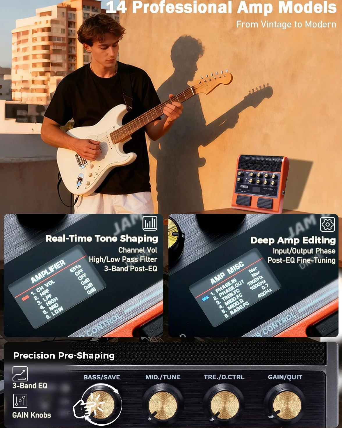 JOYO - Amplificador de entrenamiento de guitarra portátil de 10 W con pedal multiefecto, grabación OTG, Bluetooth, 14 modelos de amplificador, ecualizador de 3 bandas, 36 ritmos y Looper (Jam Buddy II