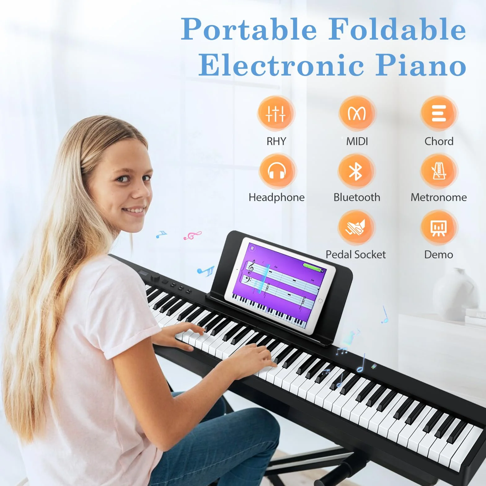 Teclado de Piano de 88 Teclas, Plegable Pianos digitales portátil, Digital Piano con teclas semi-ponderadas de tamaño completo para Principiantes, Teclado de Piano Digital Bluetooth