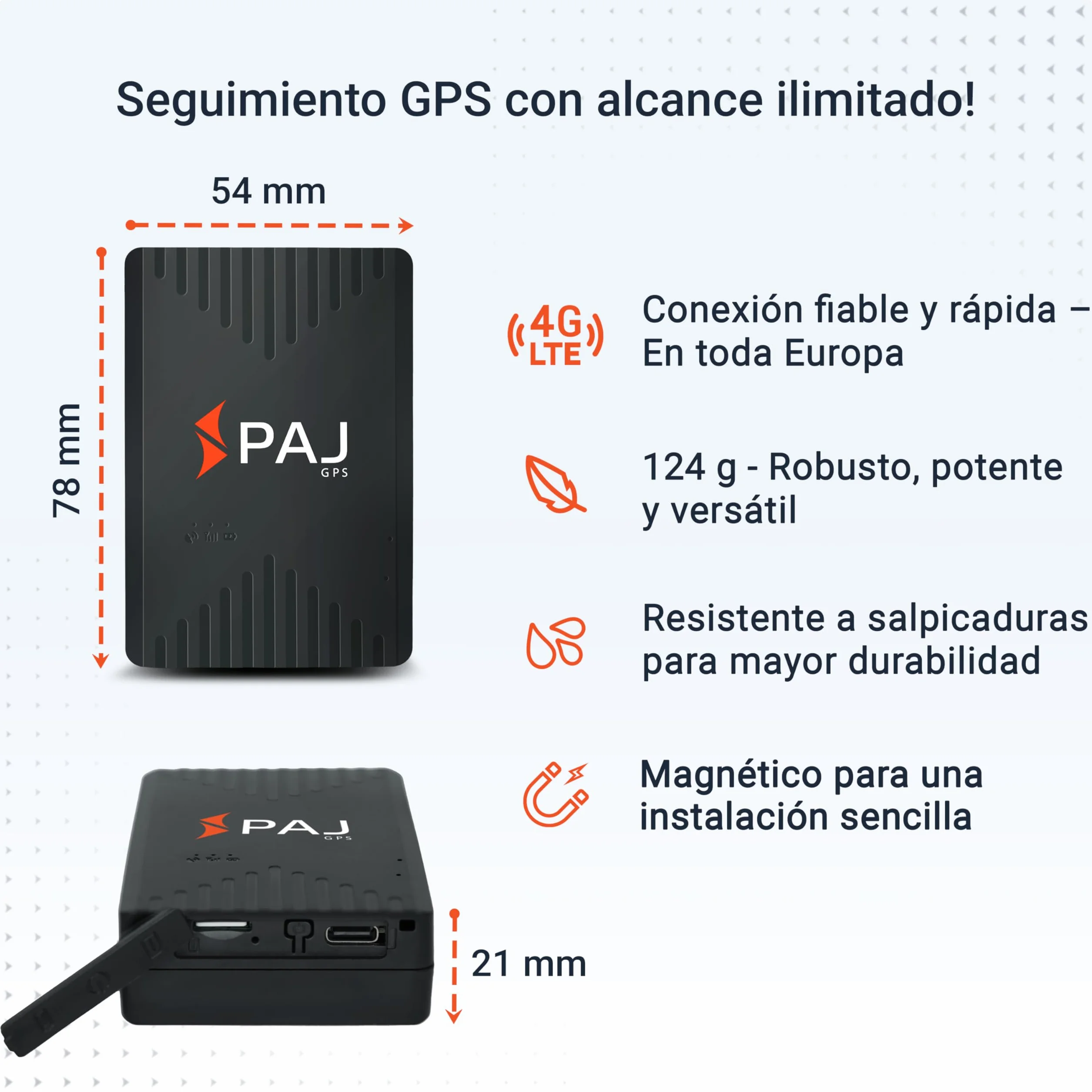 PAJ Compact Finder 4G Localizador GPS para Coches y Motos Rastreador GPS Batería 40 días Antirrobo