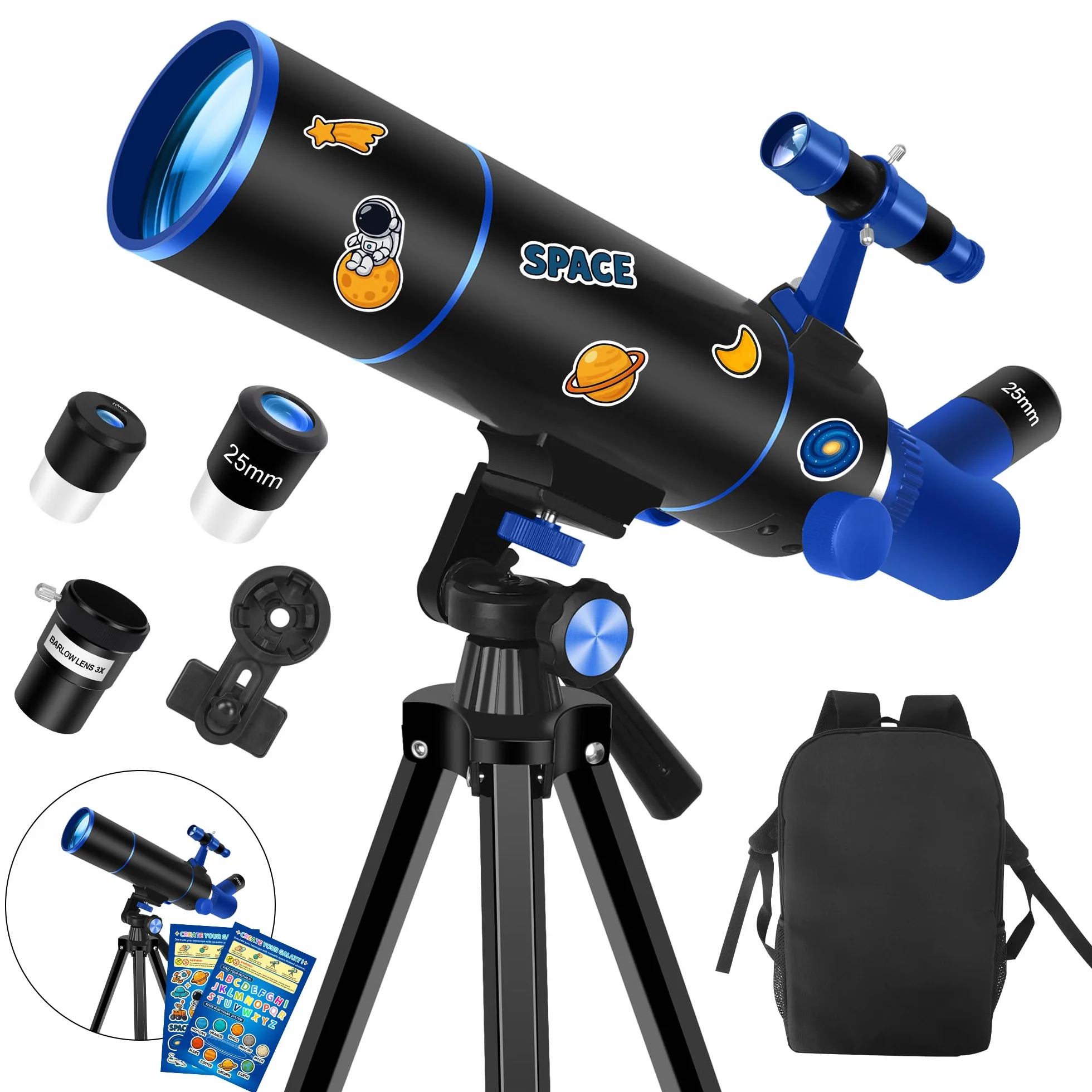Dianfan Telescopio, 80 mm Apertura Telescopio Astronómico Adultos, Portátil Telescopios para Niños Y Principiantes,Óptica Multirrevestida, con Adaptador para Teléfono, Mochila Y Pegatinas