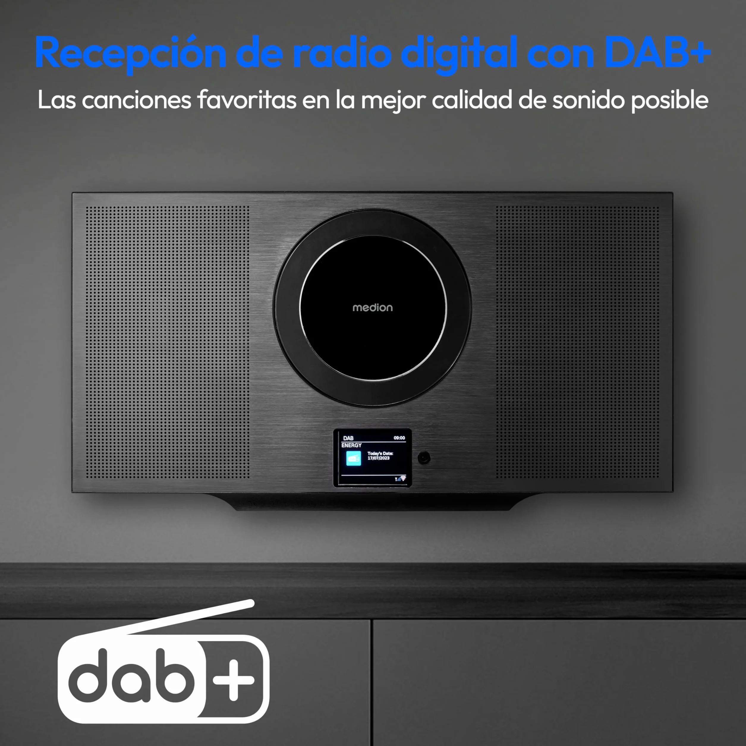 MEDION P66348 Sistema estéreo con Reproductor de CD (Radio por Internet, Dab+, Spotify Connect, Mini Sistema Compacto Vertical, Radio PLL FM, MP3, USB, Bluetooth, WLAN)